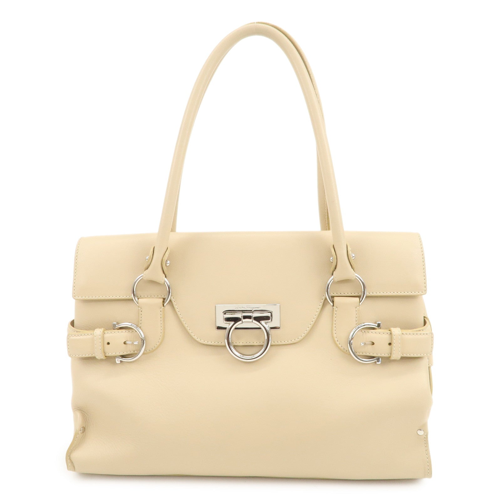 Ferragamo Gancini Logo Leather Shoulder Bag Hand Bag Beige