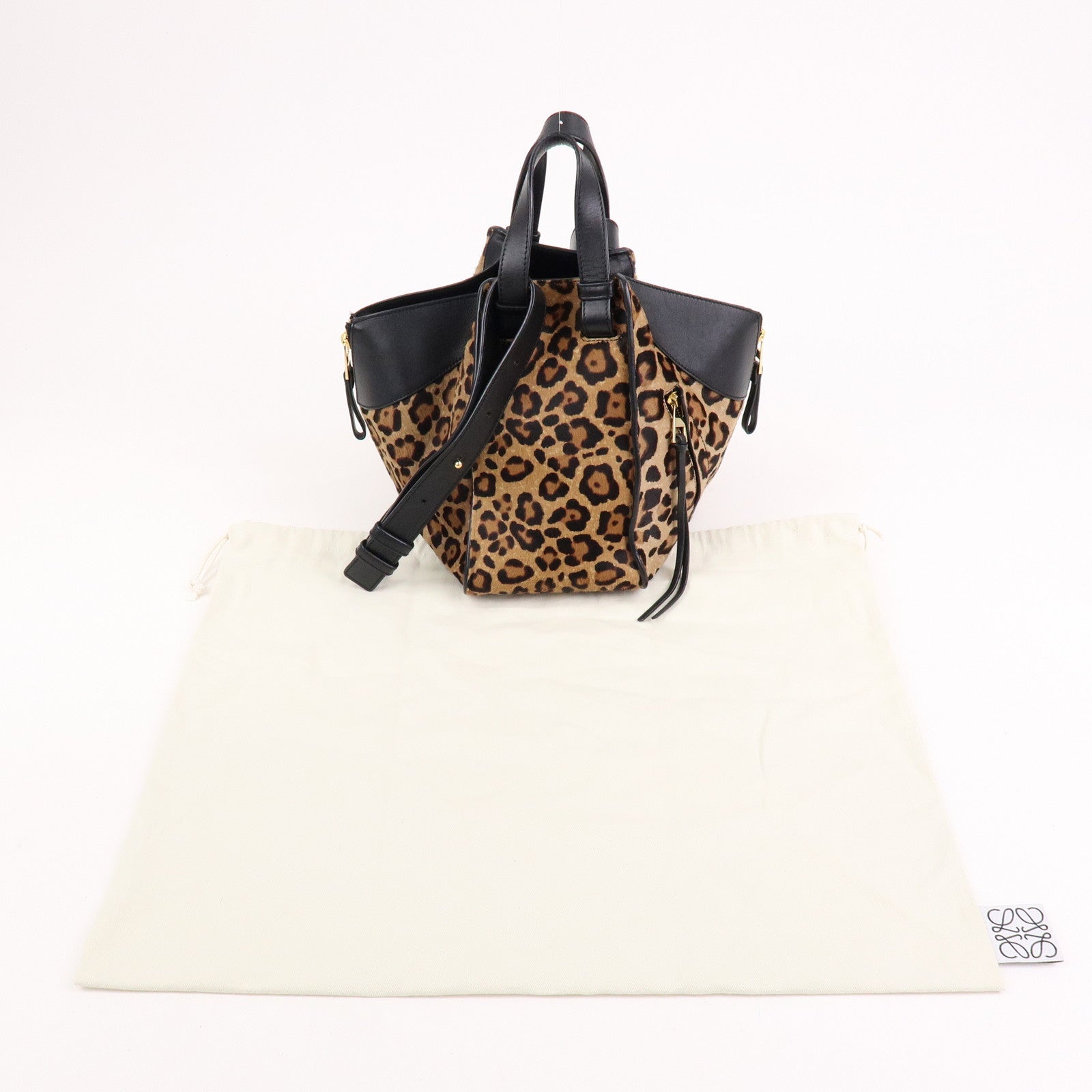 LOEWE Calfskin Hammock Small Shoulder Bag Leopard Beige Black