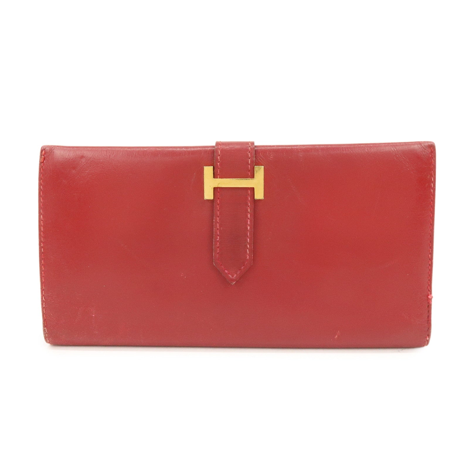 HERMES Bearn Classic Box Calf Bi-fold Long Wallet □～ Stamped Red
