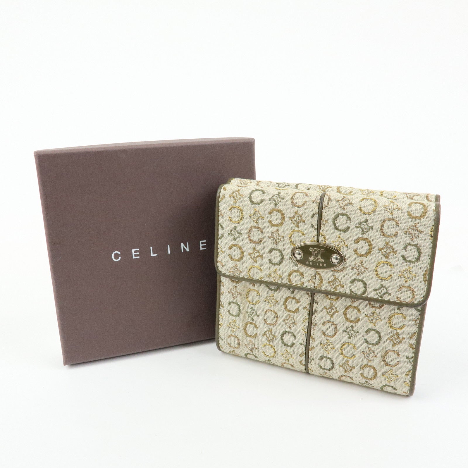 CELINE C Macadam Canvas Leather Compact Wallet Khaki