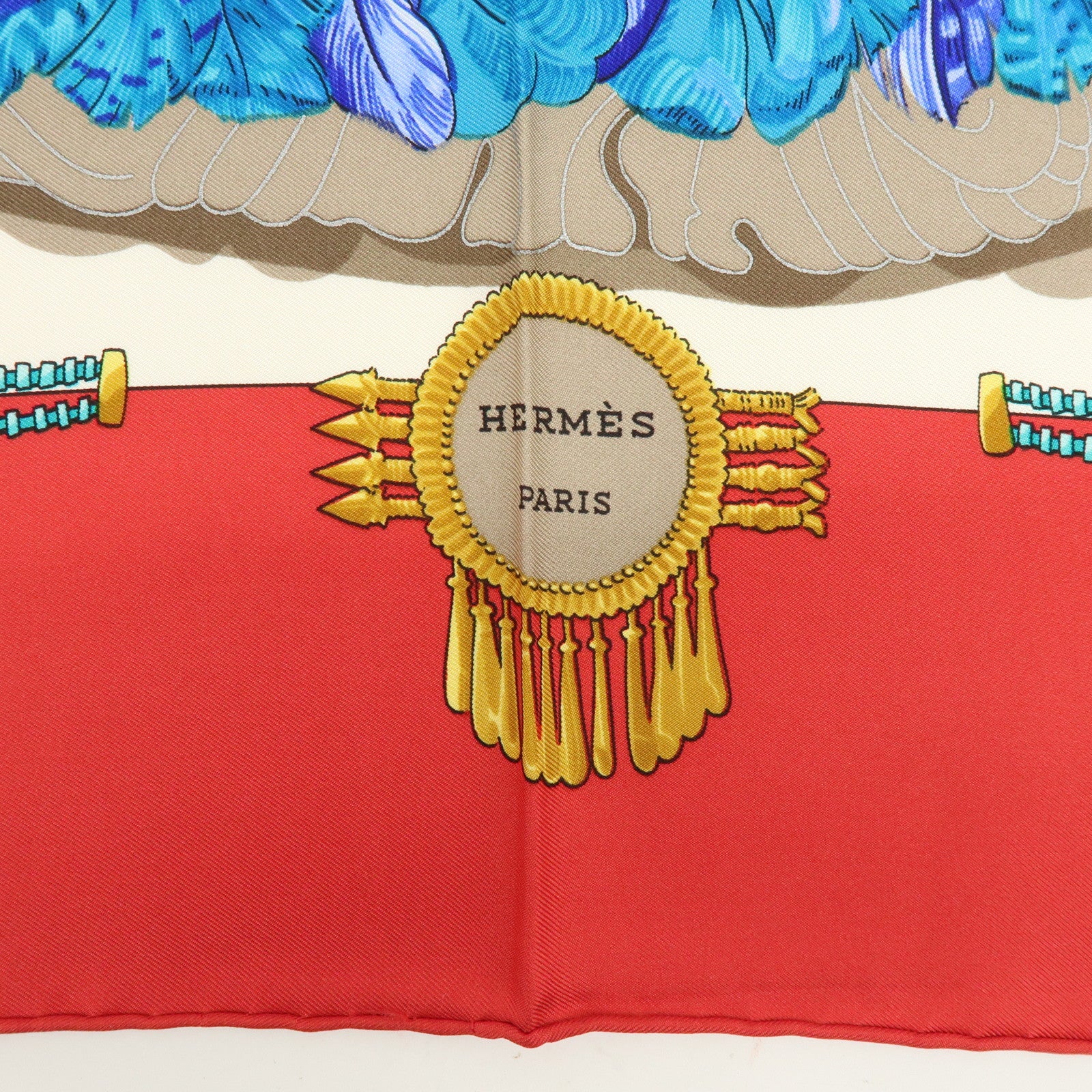 HERMES Carre 90 Silk 100% Scarf MEXIQUE Red Gold Blue