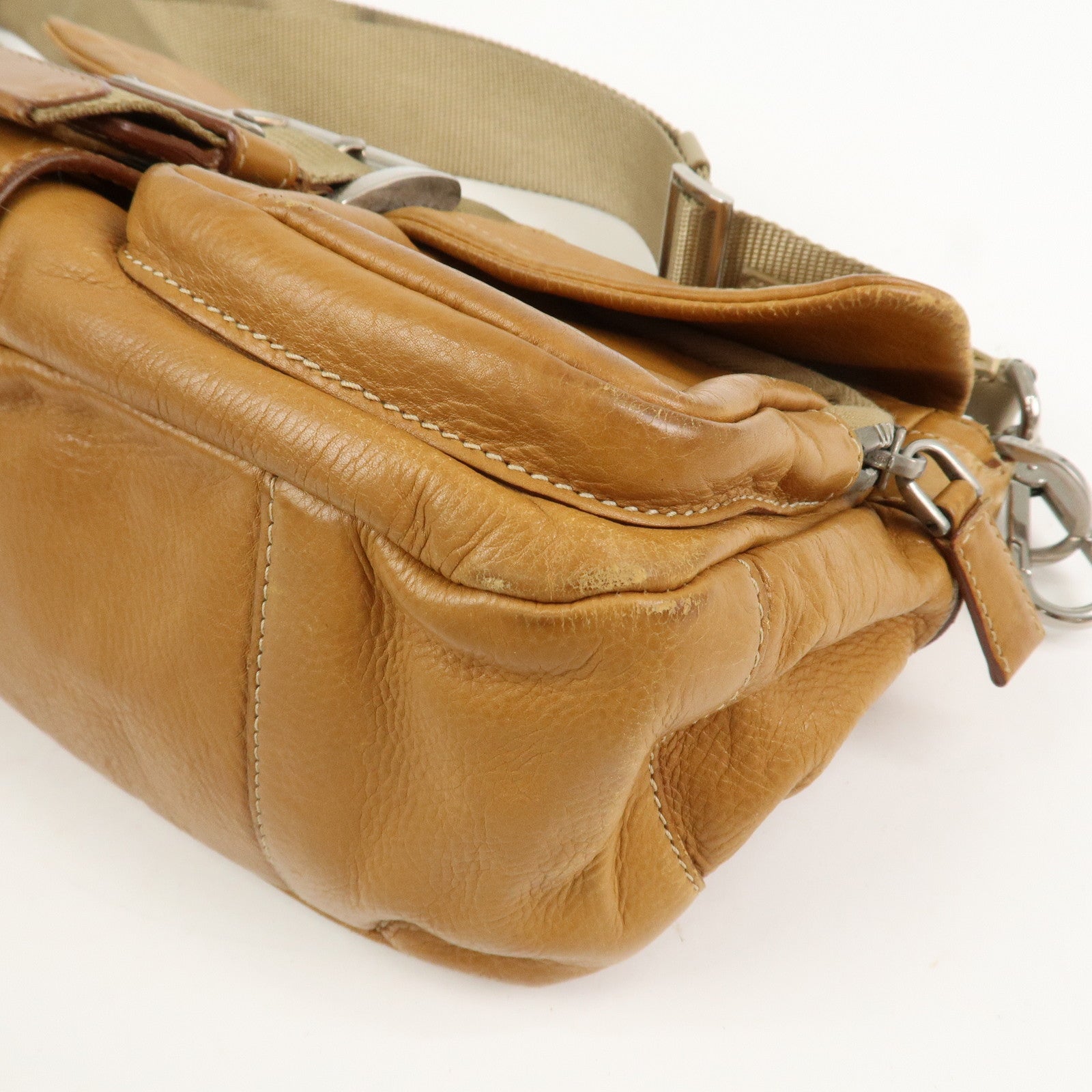 PRADA Triangle Logo Leather Front Pocket Shoulder Bag Brown BR2417