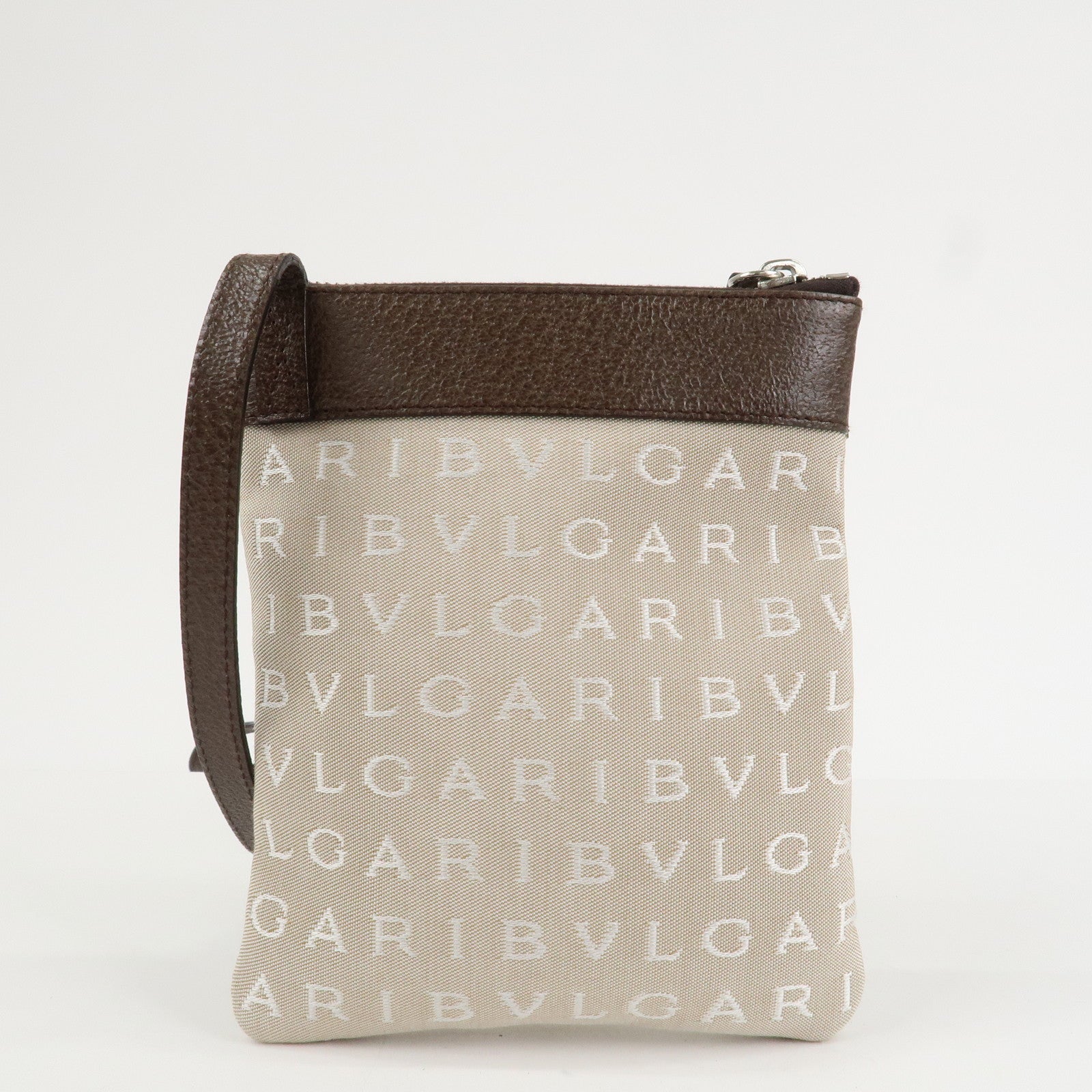 BVLGARI Logo Mania Leather Canvas Shoulder Bag Beige Brown