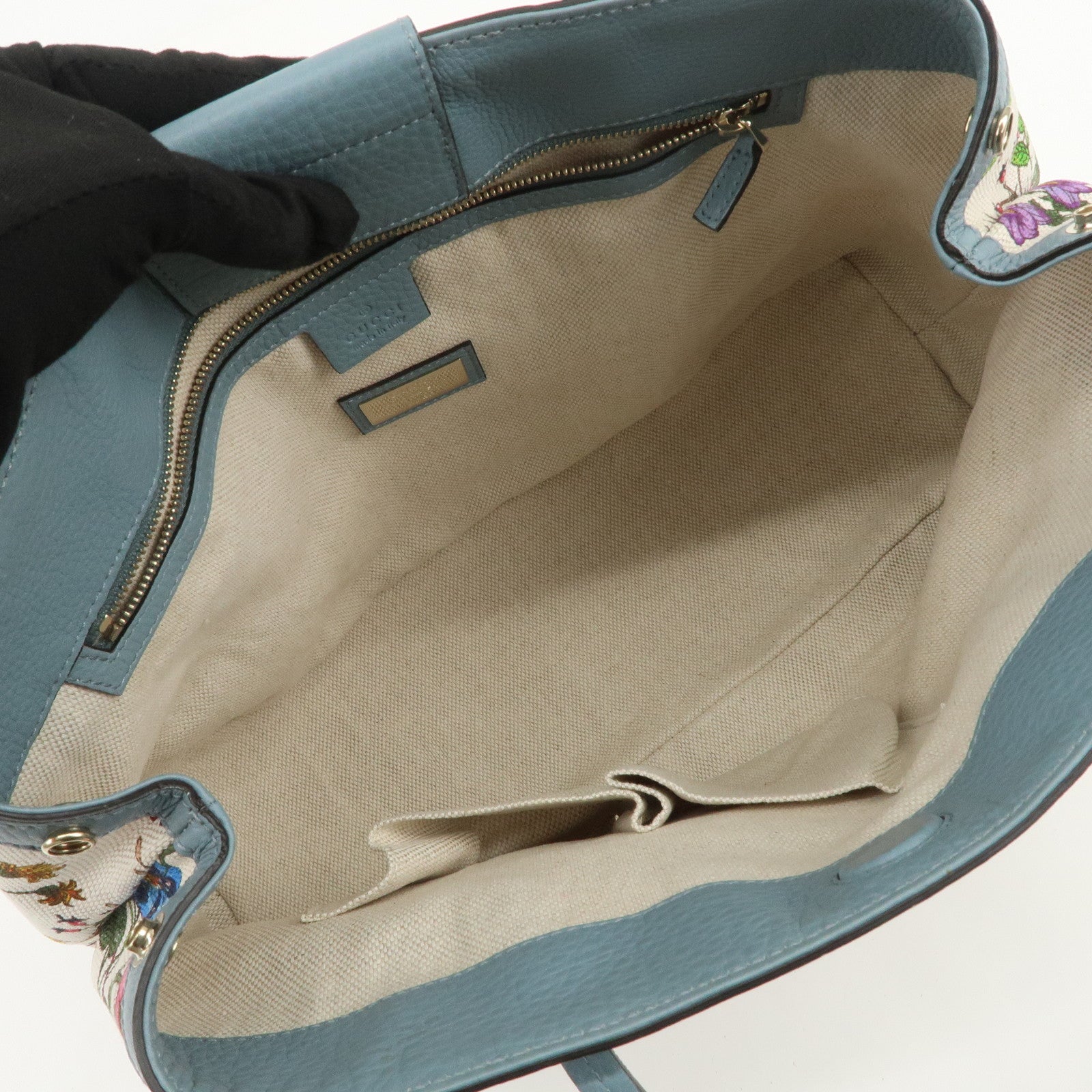 GUCCI Flora Canvas Leather Tote Bag Hand Bag Natural Blue 358470