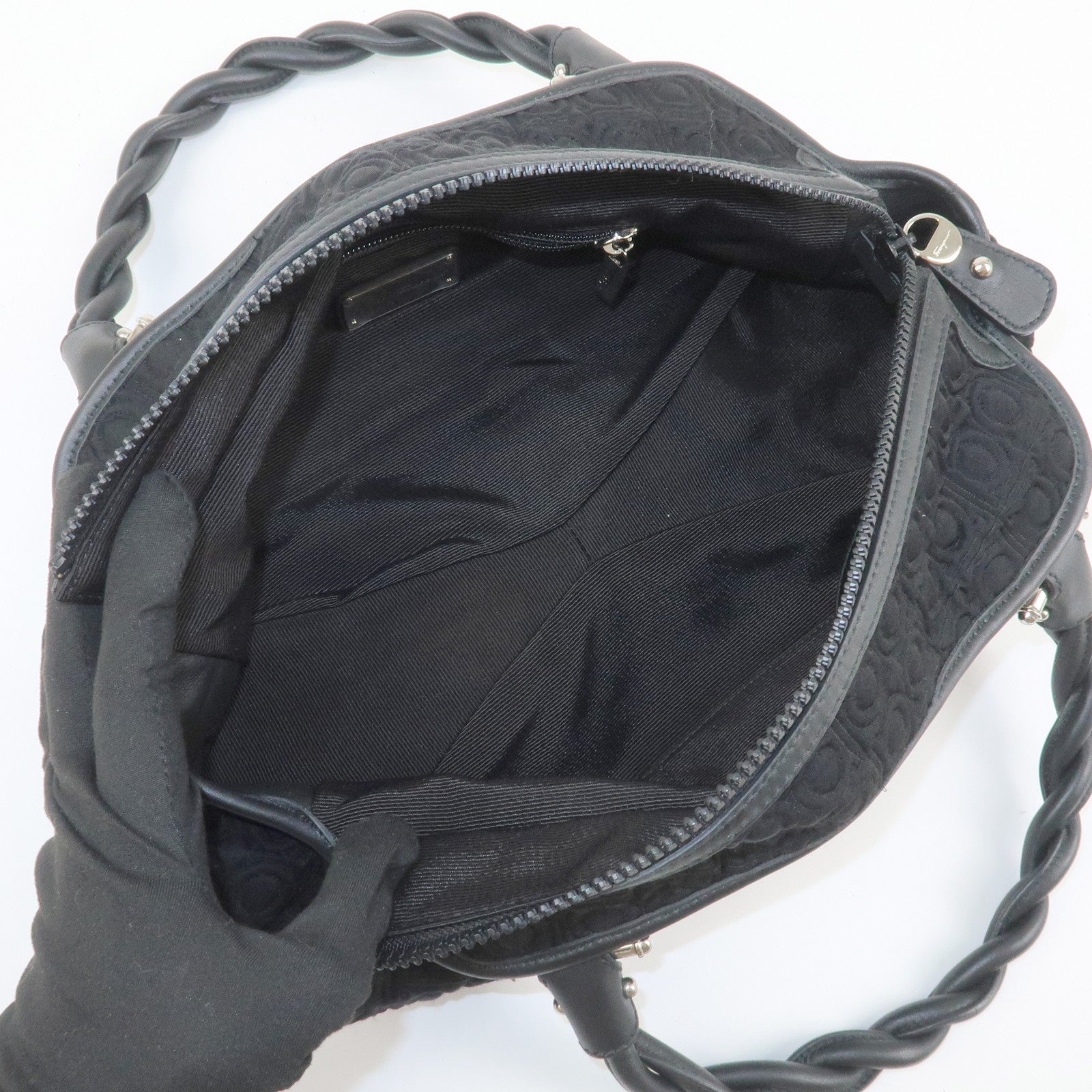 Ferragamo Gancini Canvas Leather Hand Bag Black Silver