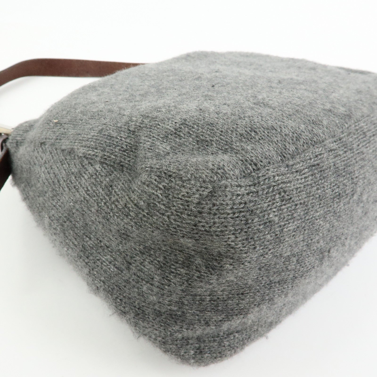 FENDI Mamma Baguette Wool Leather Shoulder Bag Grey Brown 26325