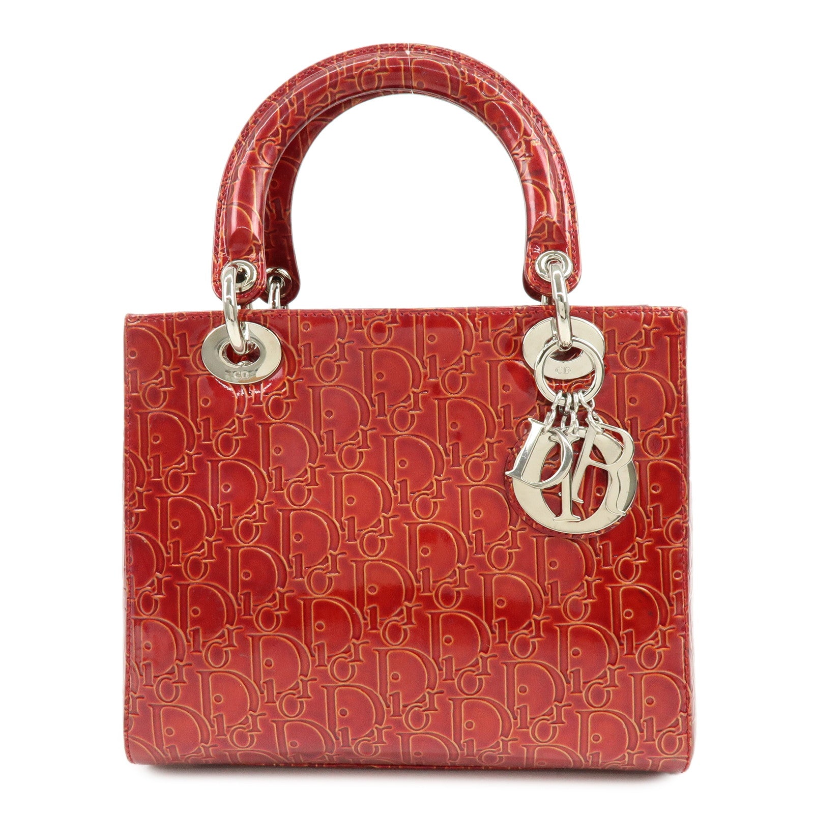 Christian Dior Lady Dior Patent Leather Hand Bag Dior Logo Red