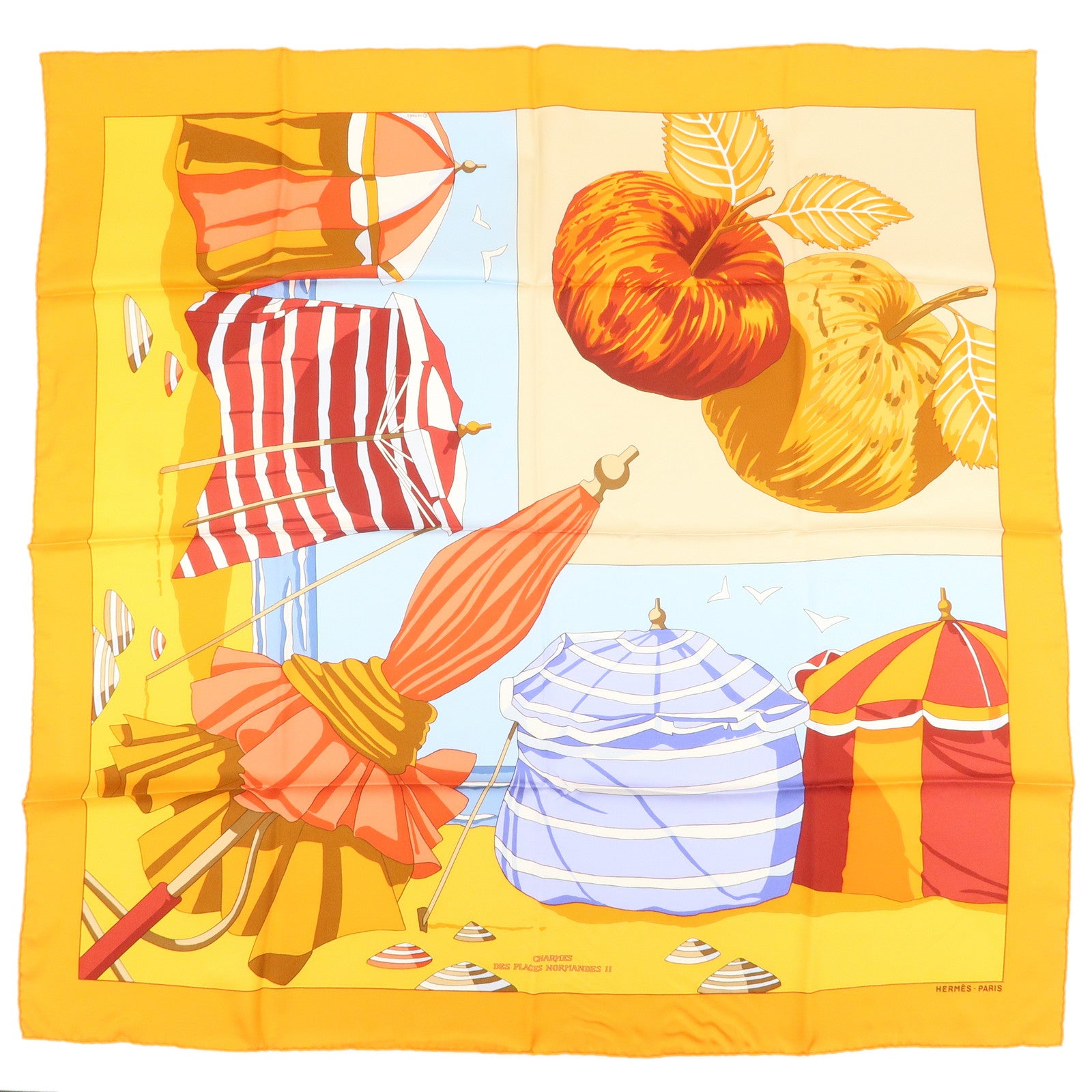 HERMES Carre 90 Silk 100% DES PLAGES NORMANDES2 Scarf Orange