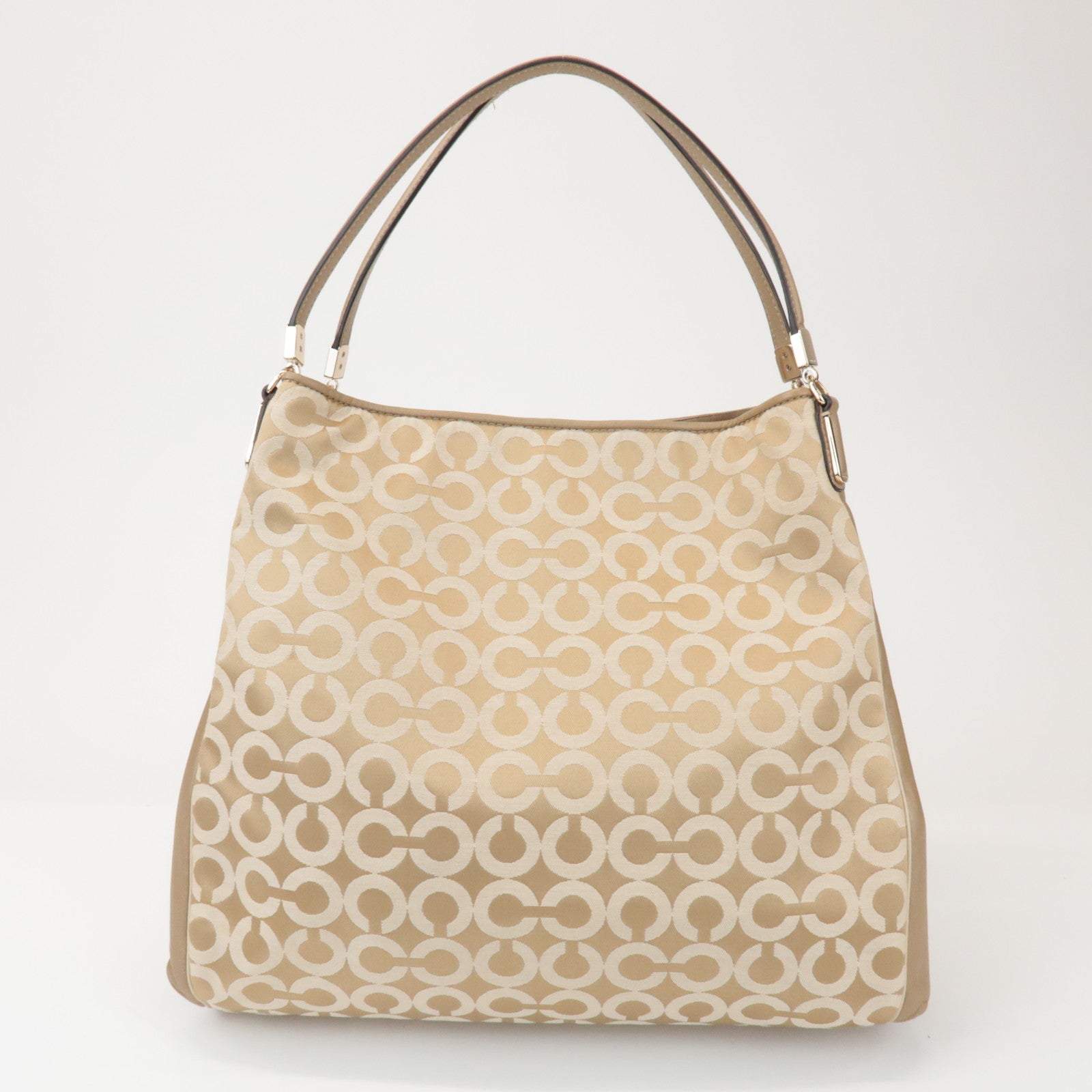 COACH Op Art Satin Leather Shoulder Bag Hand Bag Gold Beige