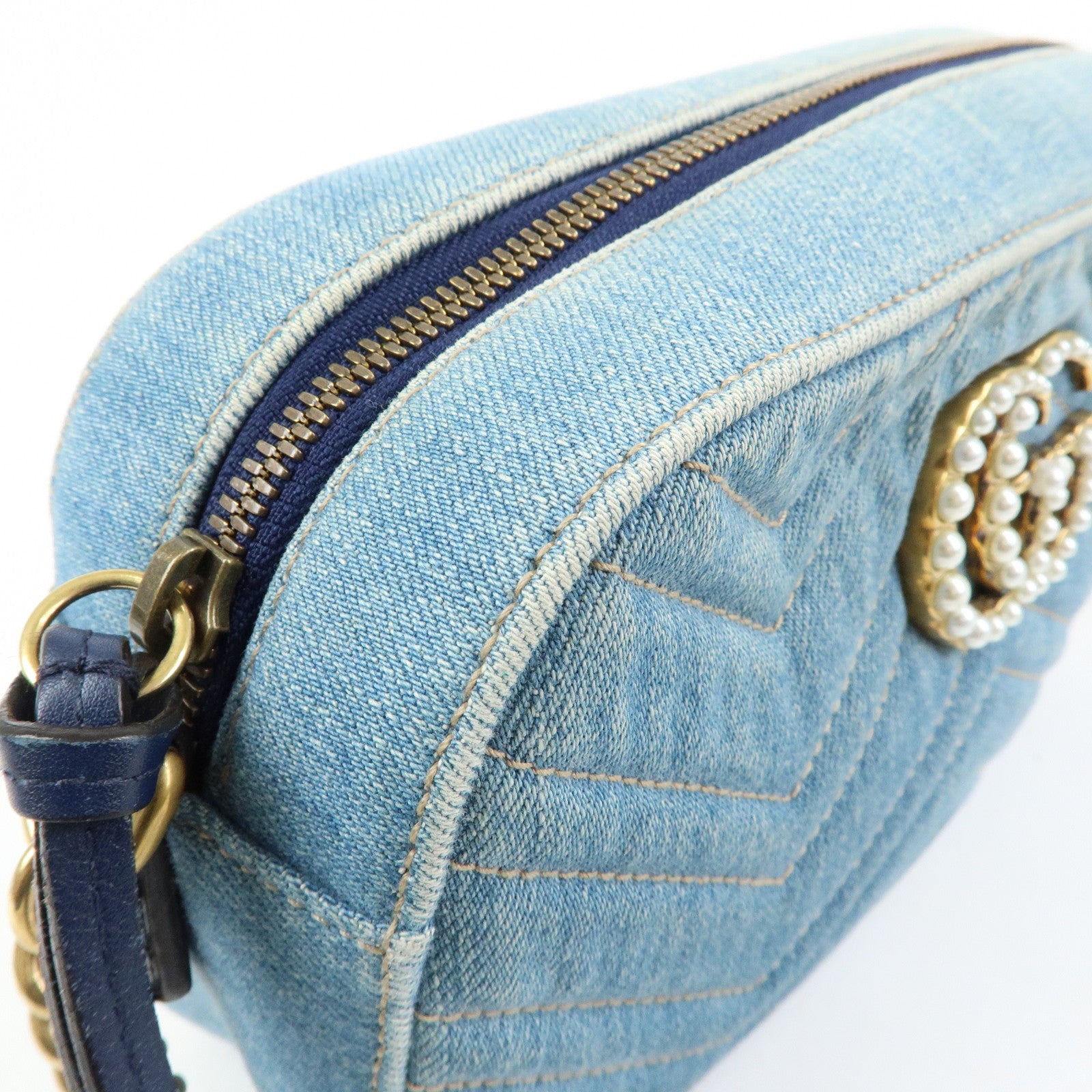GUCCI GG Marmont Denim Leather Shoulder Bag Indigo Blue 447632