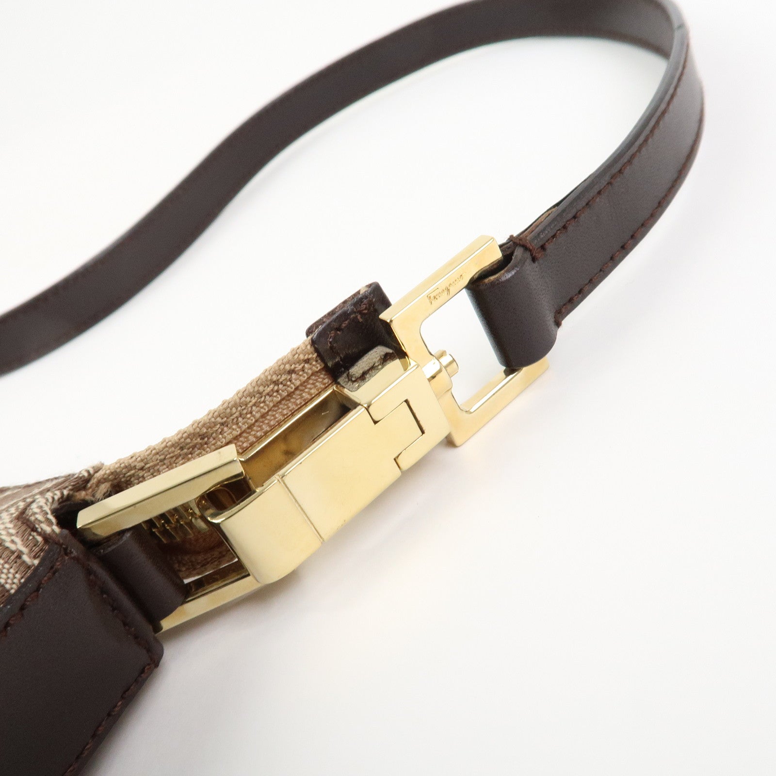 Ferragamo Gancini Canvas Leather Shoulder Bag Hand Bag Brown