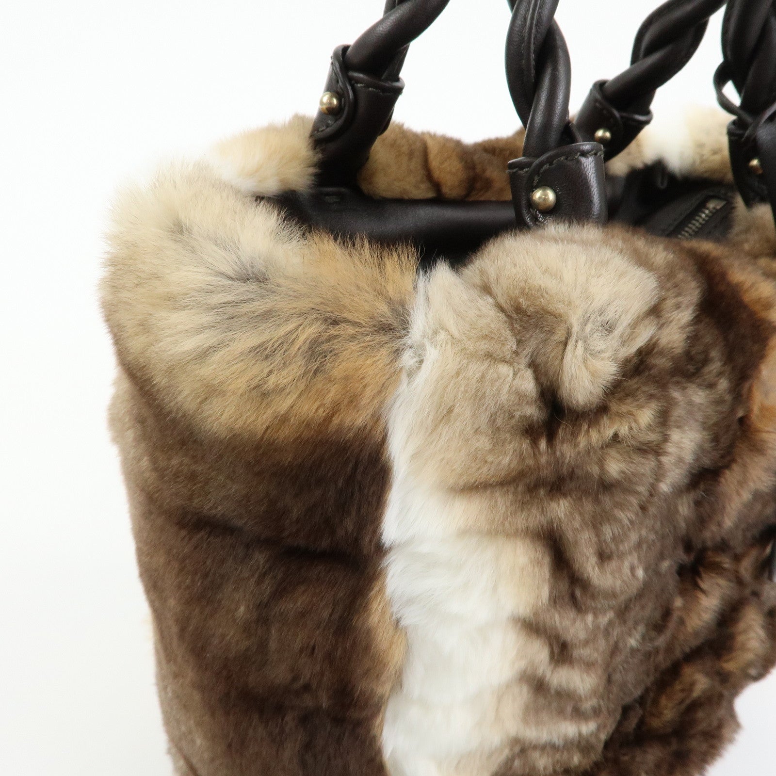 Ferragamo Gancini Rabbit Fur Leather Hand Bag Tote Bag Brown