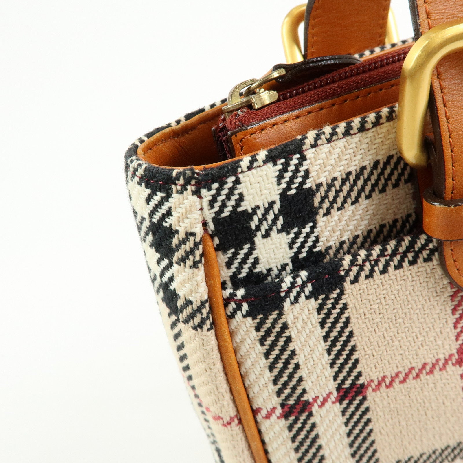 BURBERRY Nova Plaid Canvas Leather Tote Bag Hand Bag Beige Camel