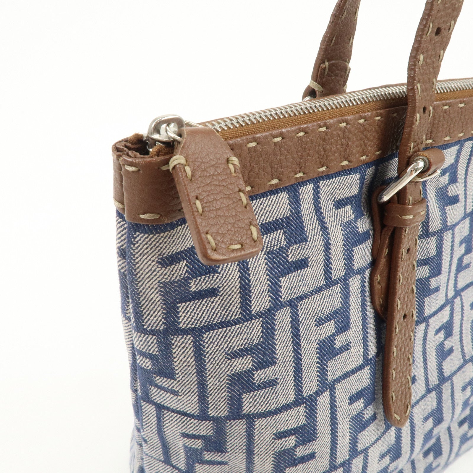 FENDI Zucca Seleria Denim Leather Tote Bag Hand Bag Blue 8BH179