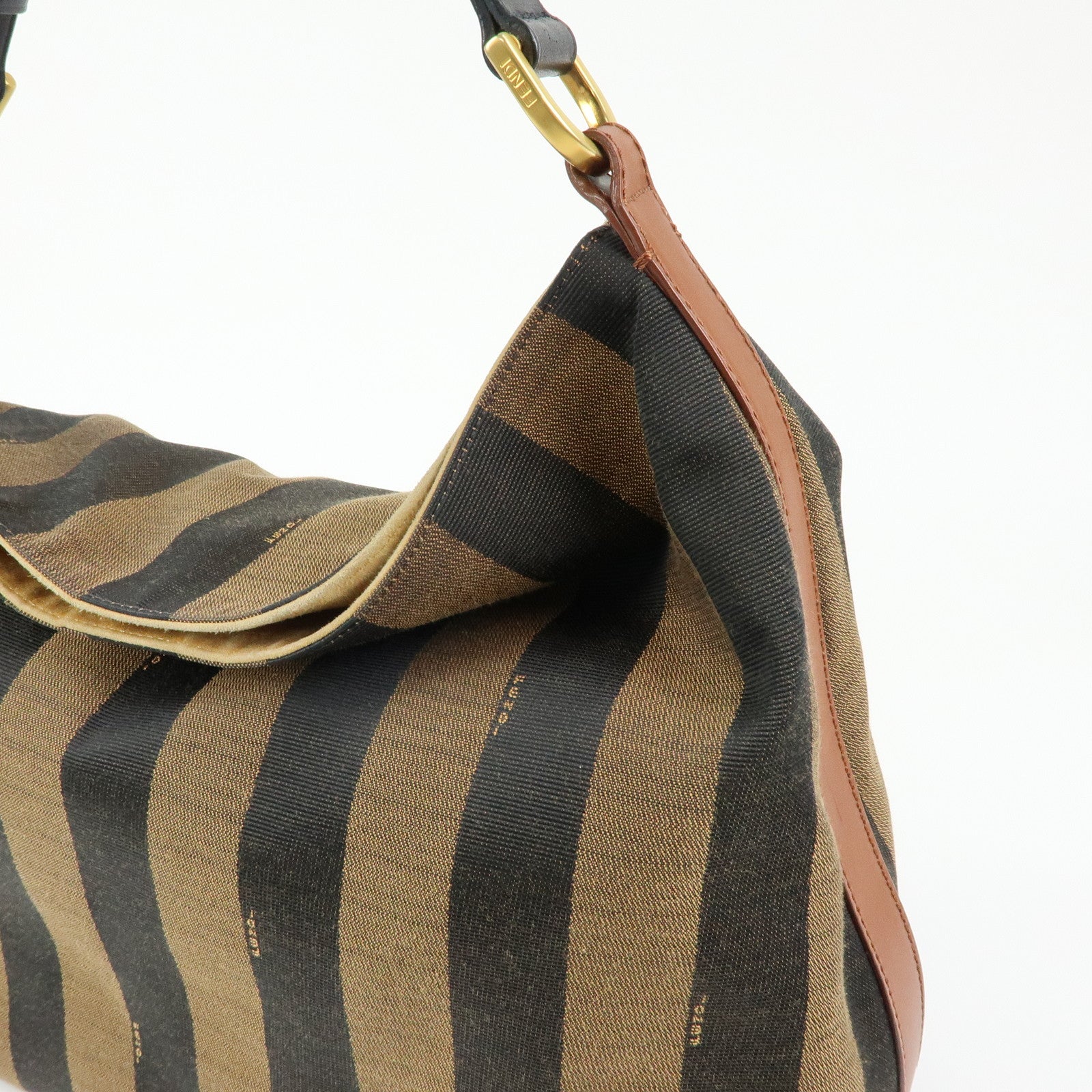 FENDI Pequin Canvas Leather Shoulder Bag Brown Black 8BR653