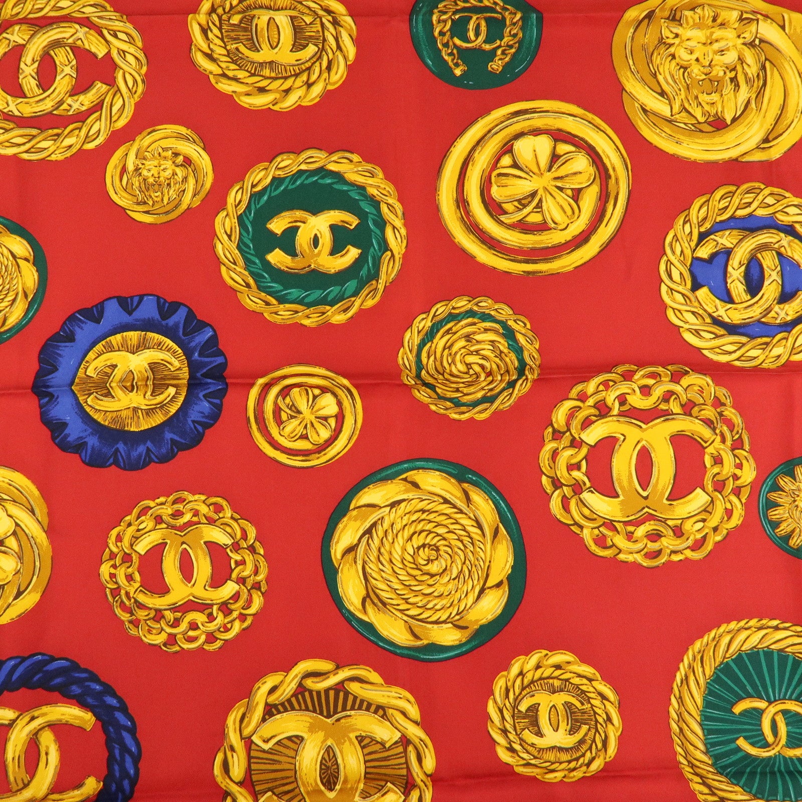 CHANEL COCO Mark Silk 100% Scarf Red Gold Multicolor