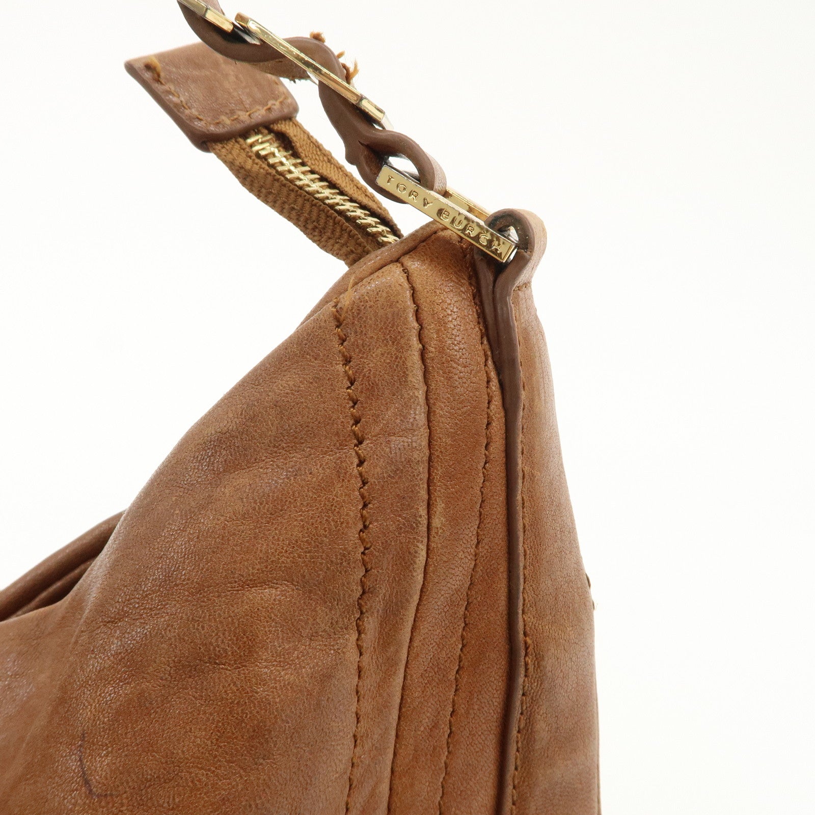 TORY BURCH Leather Shoulder Bag Brown Gold Hardware Used
