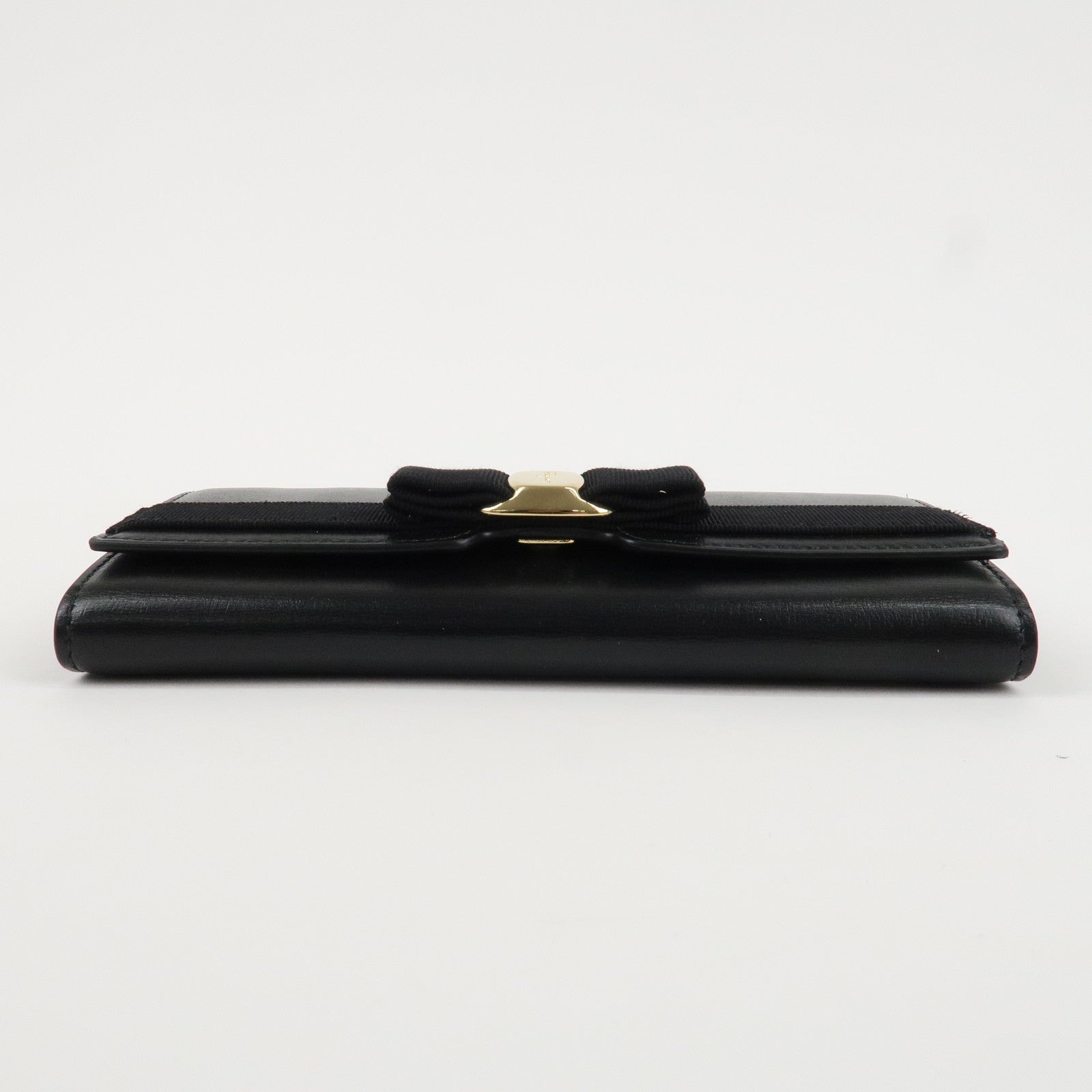 Ferragamo Vara Ribbon Leather Bifold Wallet Black Gold HDW Used