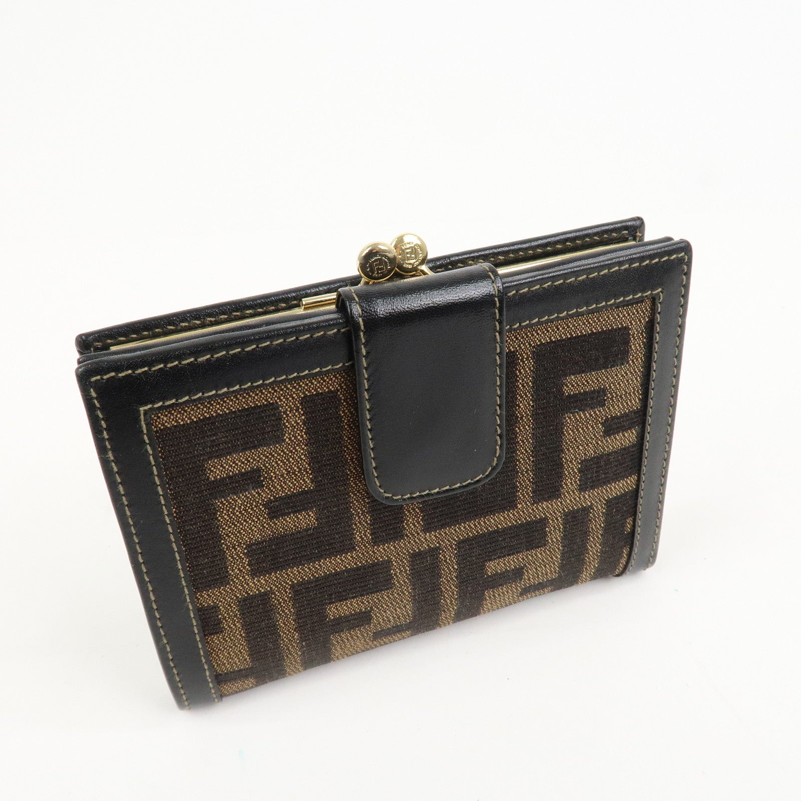 FENDI Zucca Kiss Lock Canvas Leather Bi-fold Wallet Brown 30207