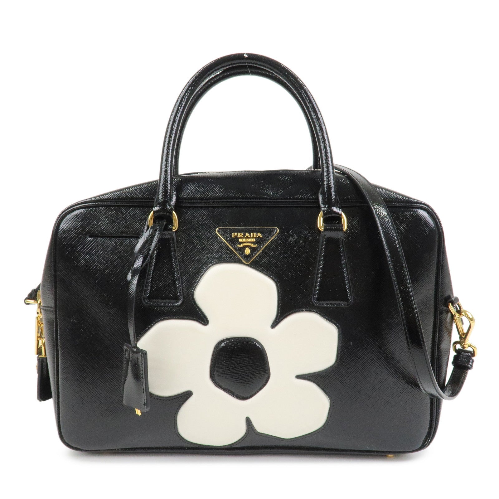 PRADA Flower Saffiano Leather 2Way Bag Hand Bag Black BL095M