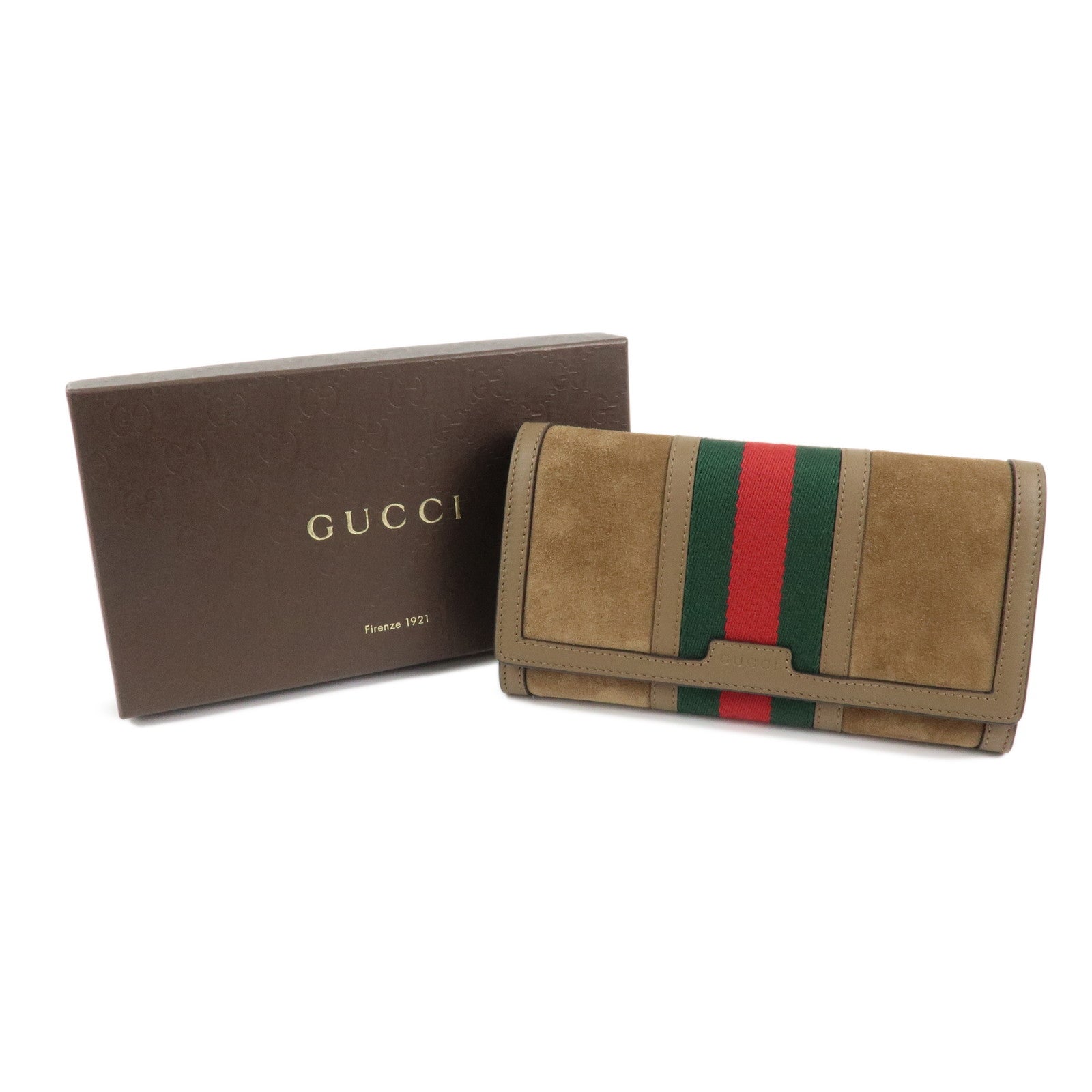 GUCCI Sherry Suede Leather Flap Long Wallet Brown 409440