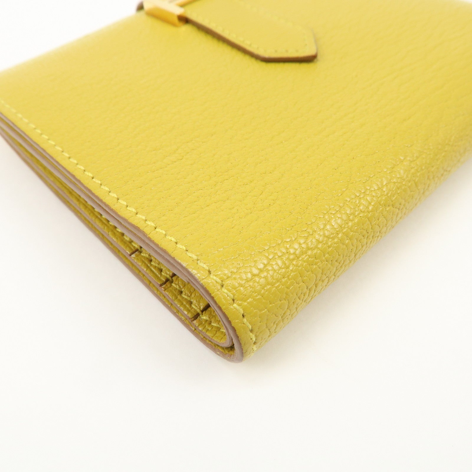 HERMES Leather Bearn Mini Compact Wallet D Stamped Yellow