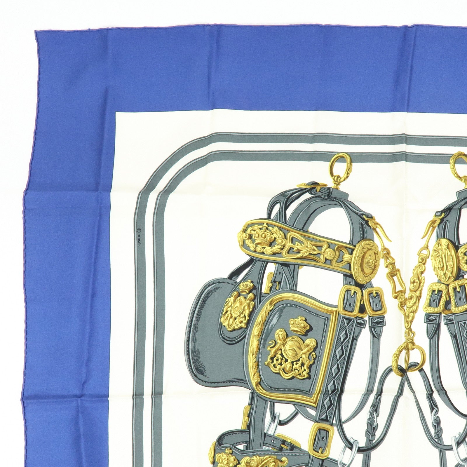 HERMES Carre 90 Silk 100% Scarf BRIDES DE GALA Navy Gray Gold