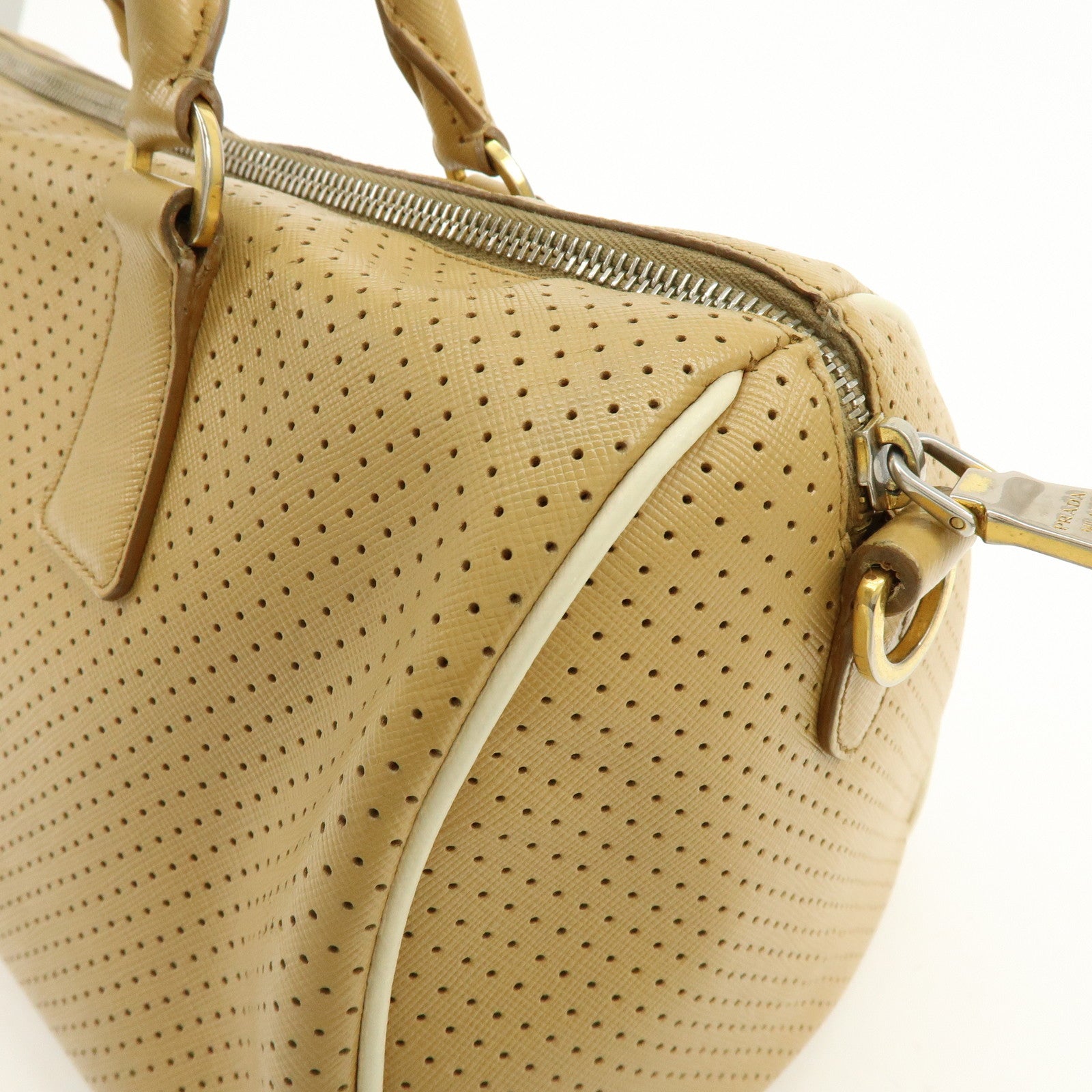 PRADA Triangle Logo Saffiano Leather Punched Boston Bag Beige