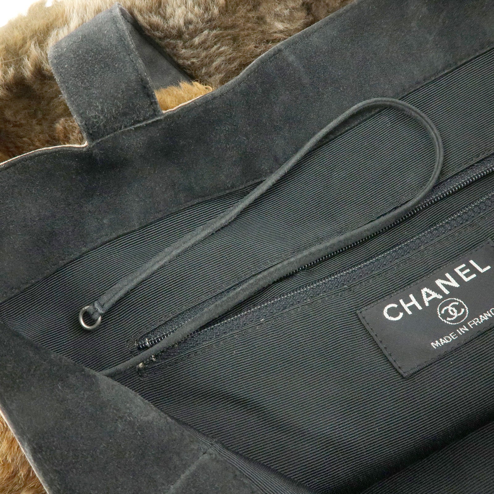 CHANEL COCO Mark Logo Fur Suede Tote Bag Hand Bag Brown