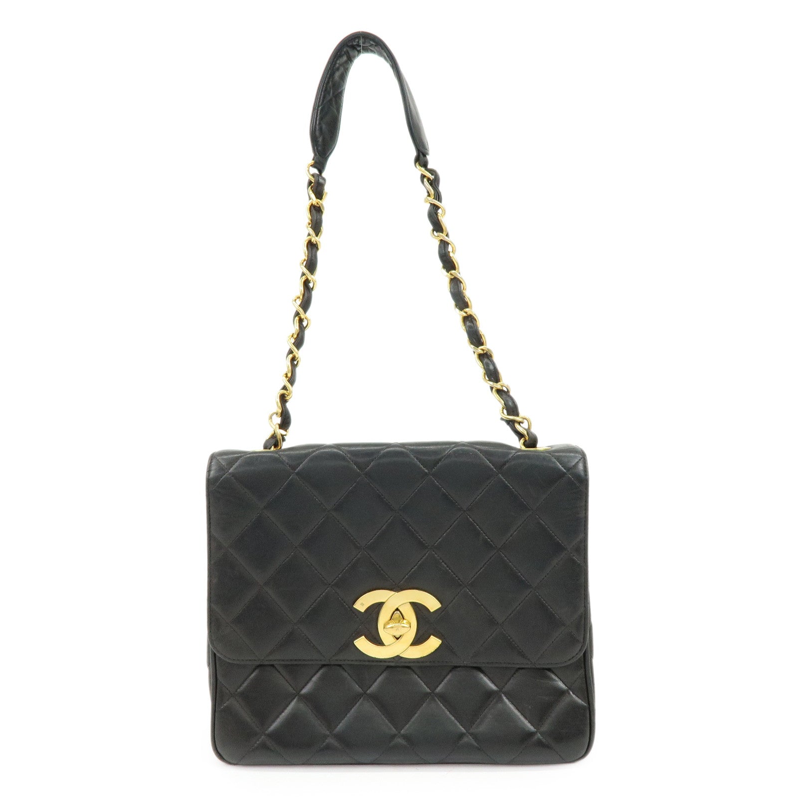 CHANEL Matelasse Lamb Skin Chain Flap Shoulder Bag Black