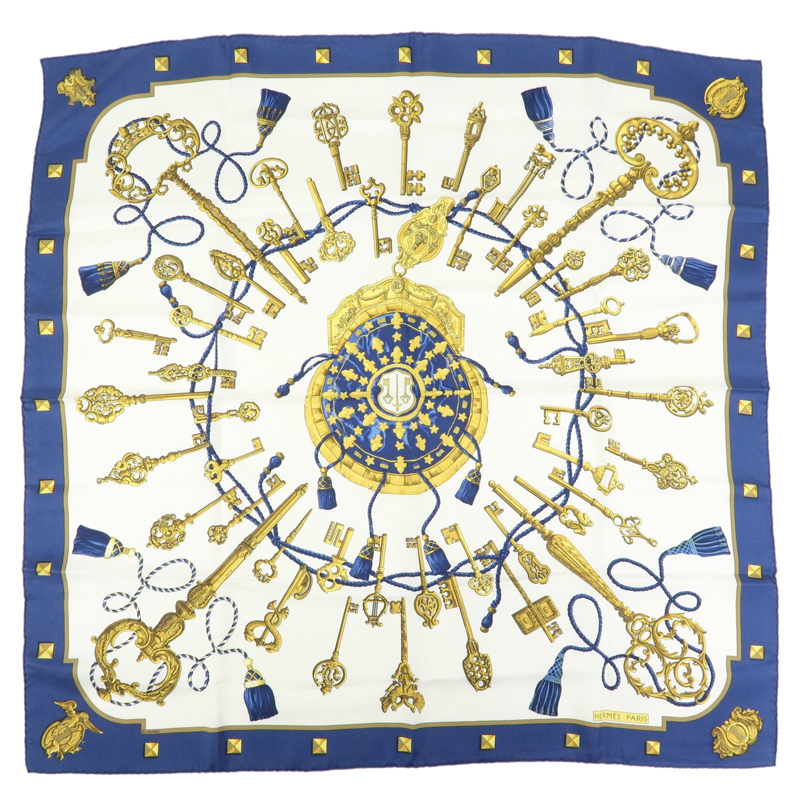 HERMES Carre 90 Silk 100% Scarf LES CLES THE KEYS RARE White Navy
