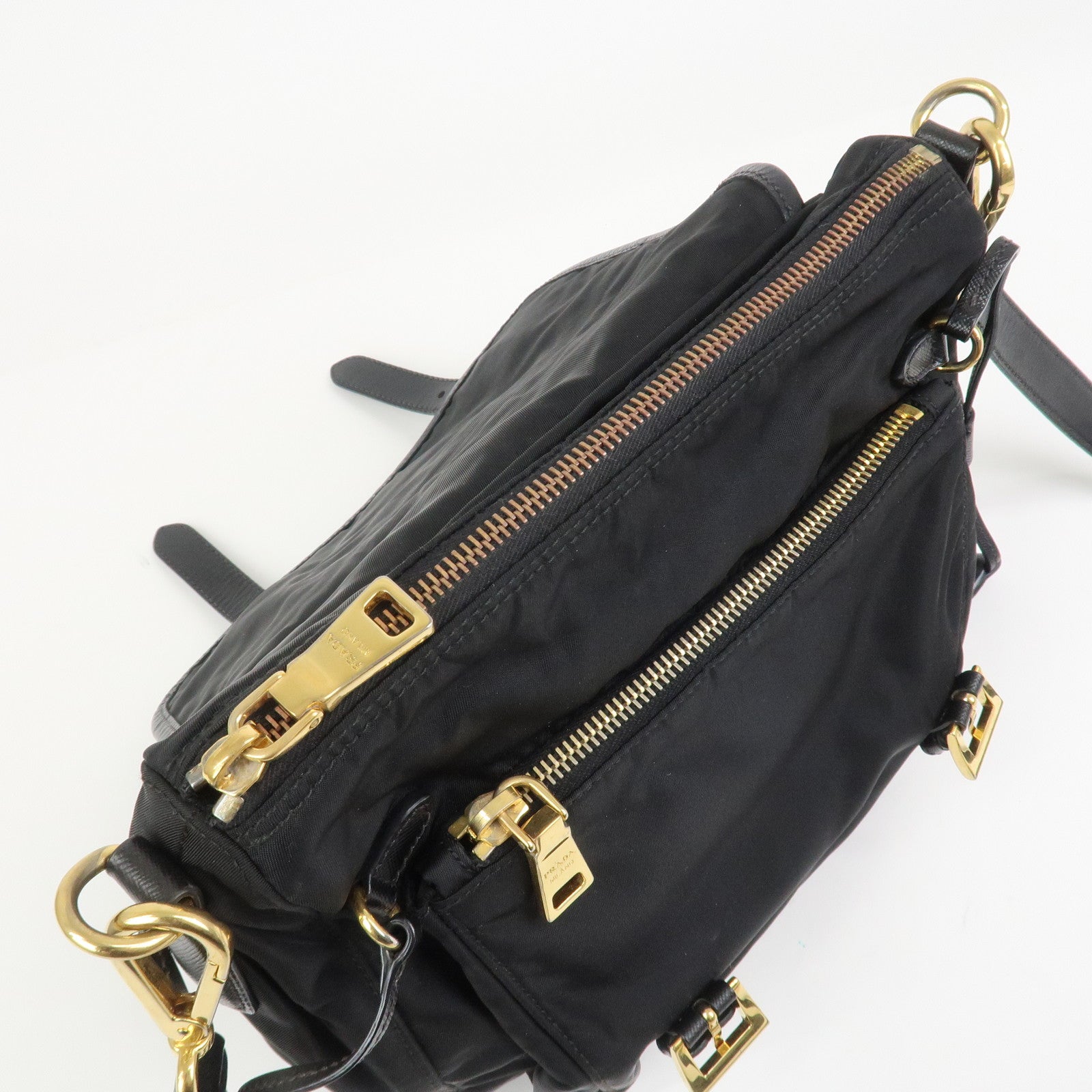 PRADA Logo Nylon Saffiano Leather Shoulder Bag Crossbody Bag Black