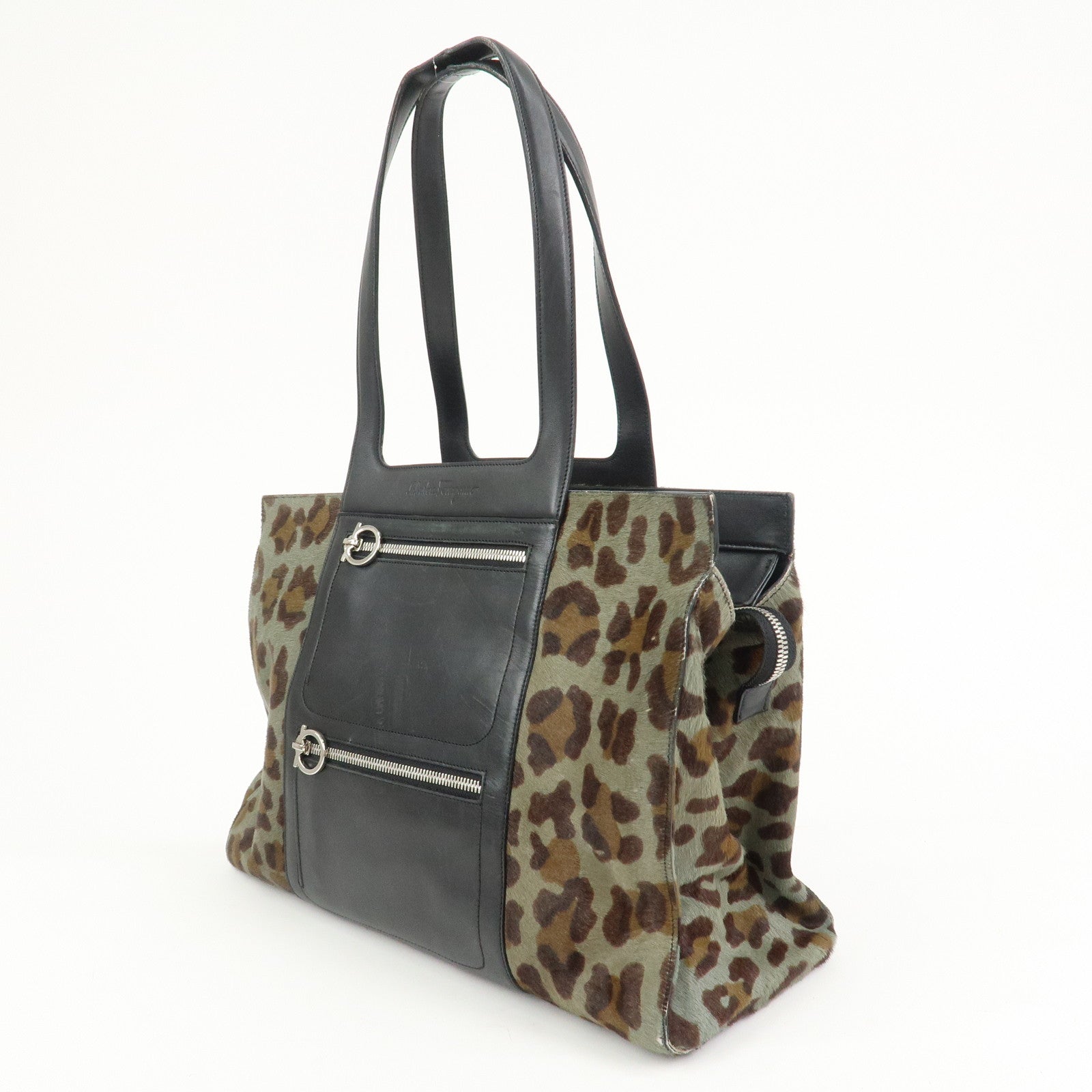 Ferragamo Gancini Unborn Calf Leather Tote Bag Shoulder Bag Leopard