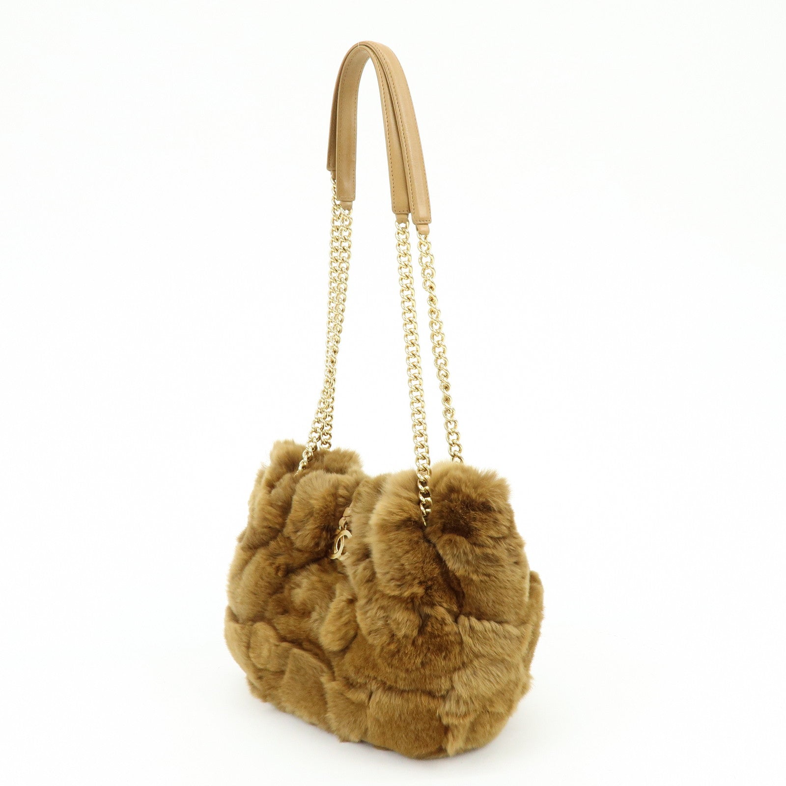 CHANEL COCO Mark Fur Lamb Skin Chain Shoulder Bag Brown