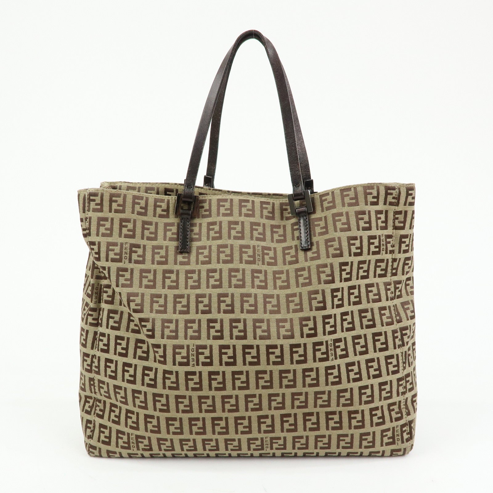 FENDI Zucchino Canvas Leather Tote Bag Beige Brown 8BH019