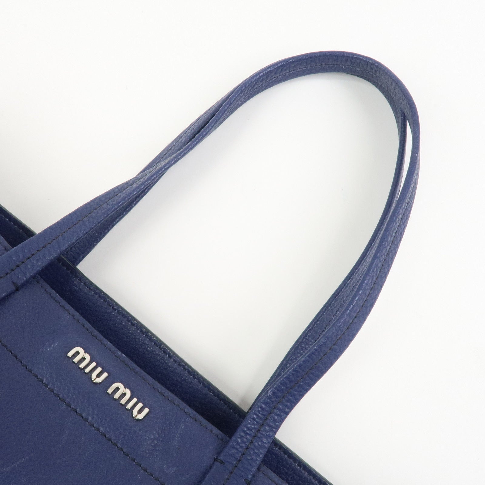MIU MIU Logo Madras Leather Tote Bag Shoulder Bag Hand Bag Blue