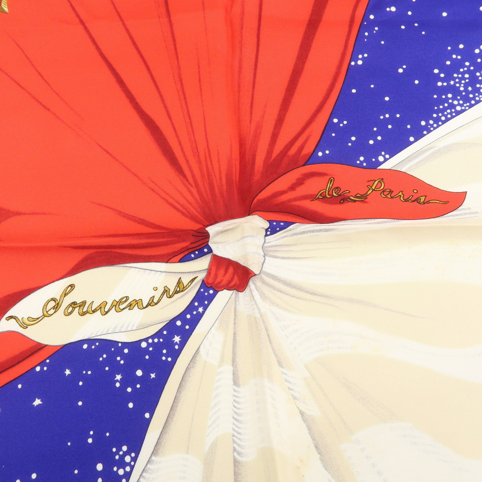 HERMES Carre 90 Silk 100% Scarf Souvenirs de Paris Blue Red Ivory