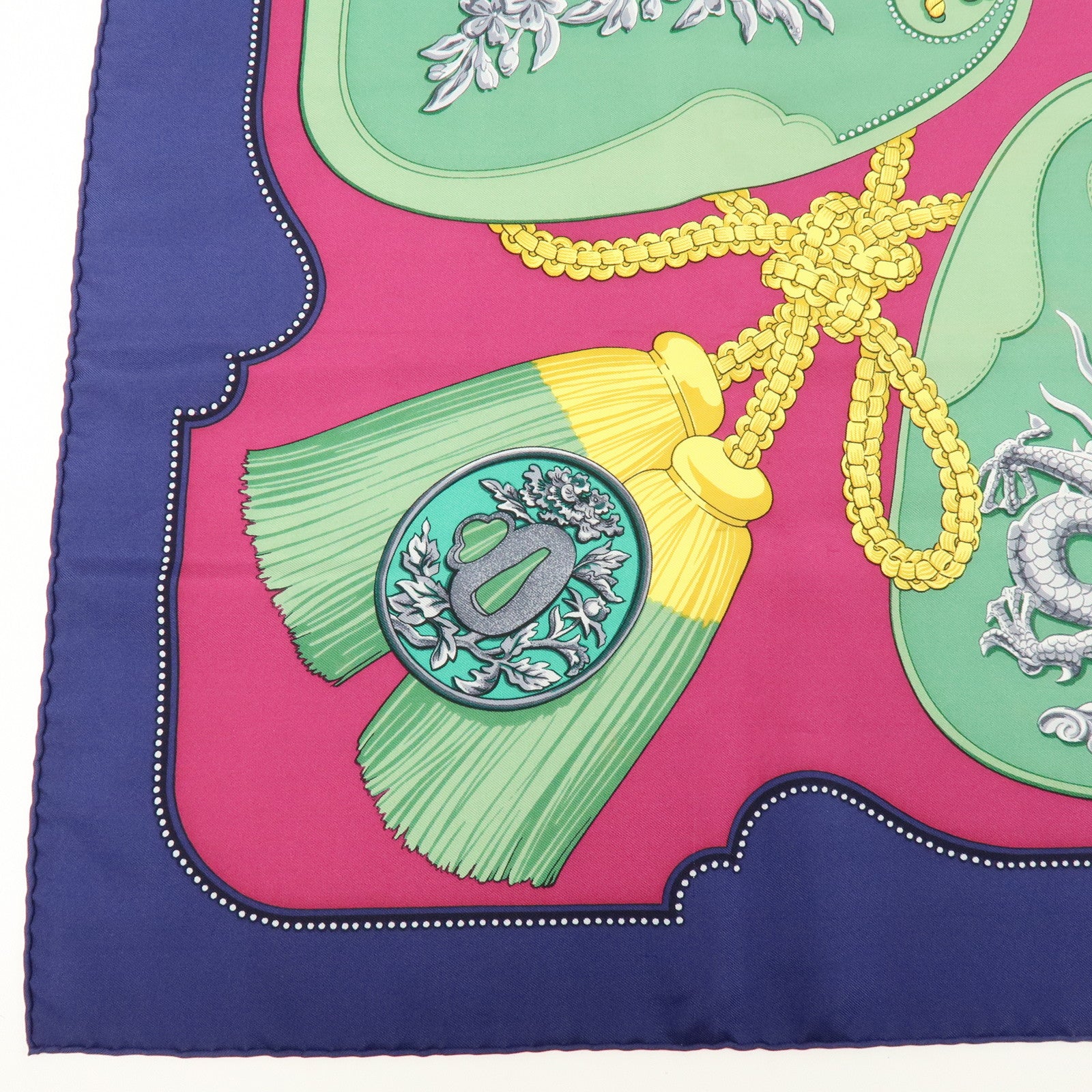 HERMES Carre 90 Silk 100% Scarf TSUBAS Guard Print Purple Green