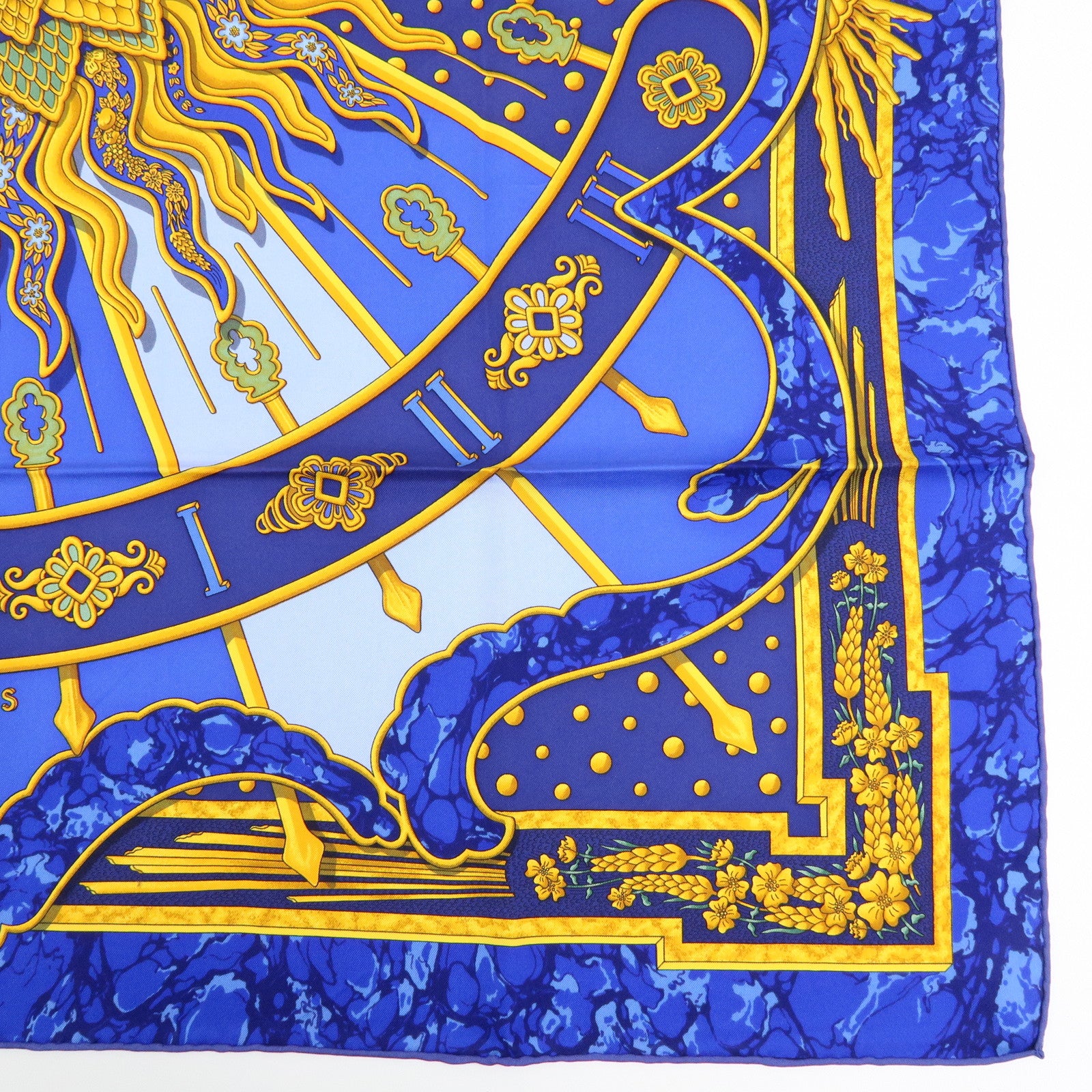 HERMES Carre 90 Silk 100% CARPE DIEM Scarf Navy Blue Yellow