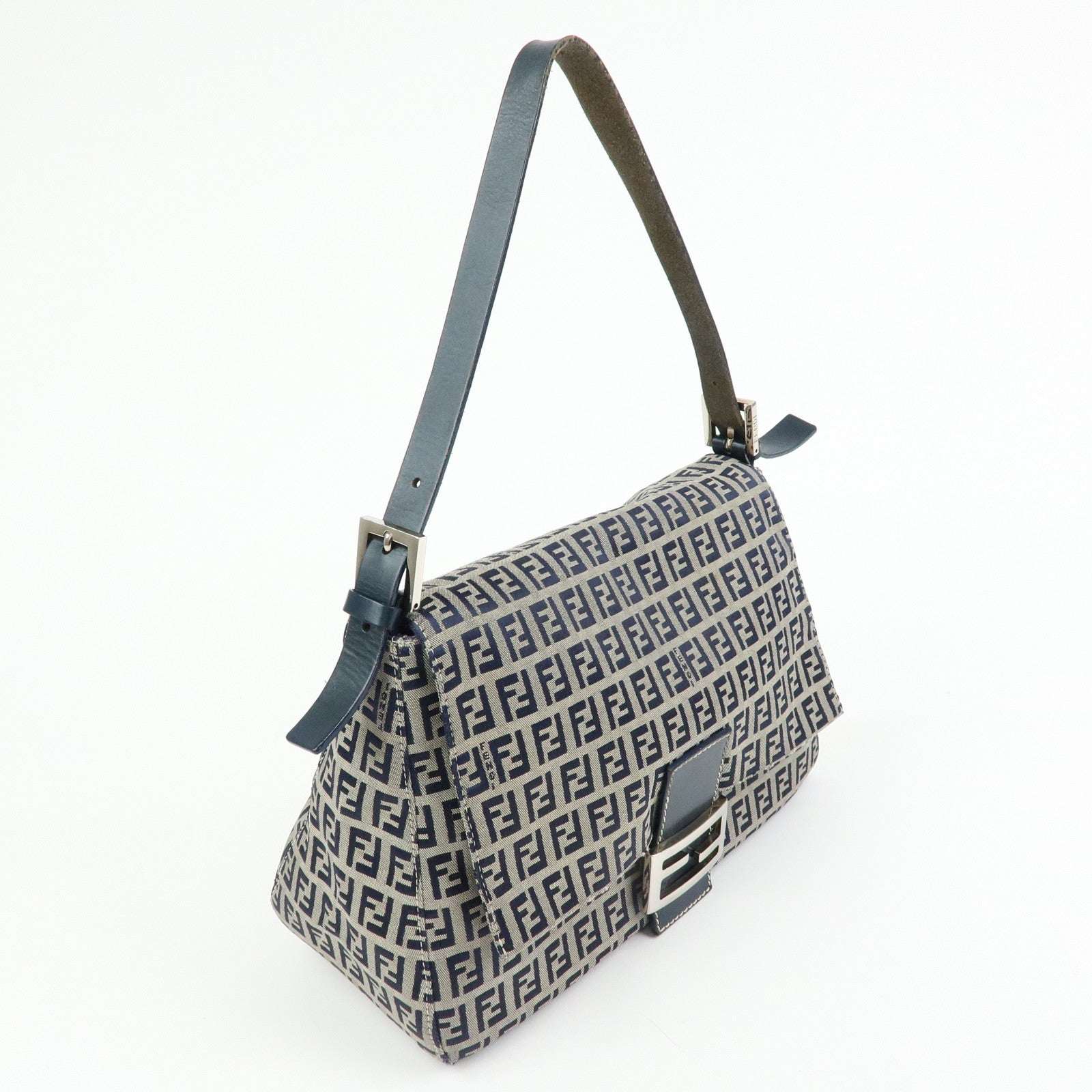 FENDI Mamma Baguette Zucchino Canvas Shoulder Bag Navy 26325