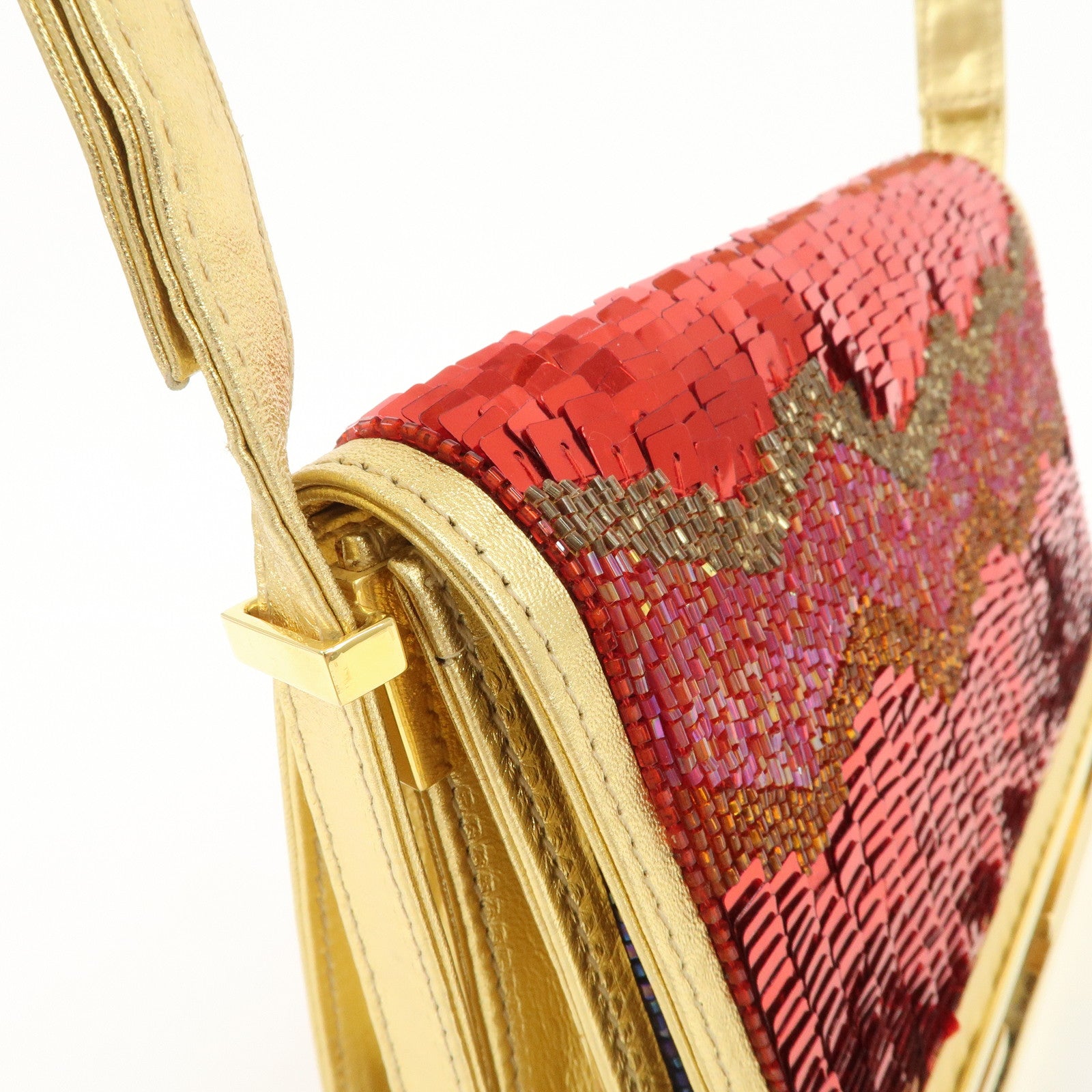 FENDI Leather Sequin Shoulder Bag Crossbody Bag Gold Red Purple