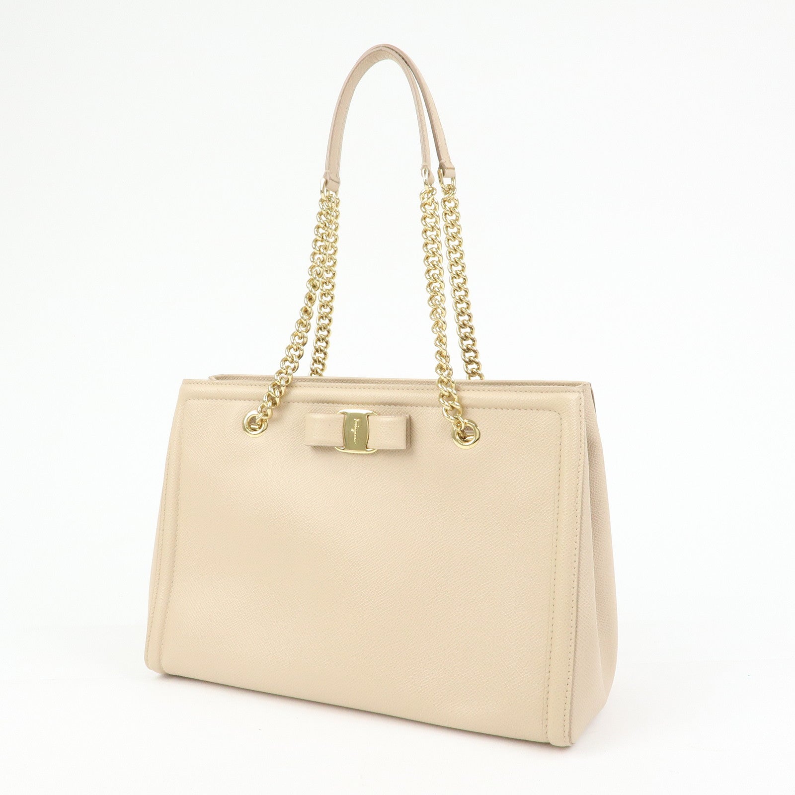 Ferragamo Vara Ribbon Leather Tote Bag Hand Bag Pink Beige