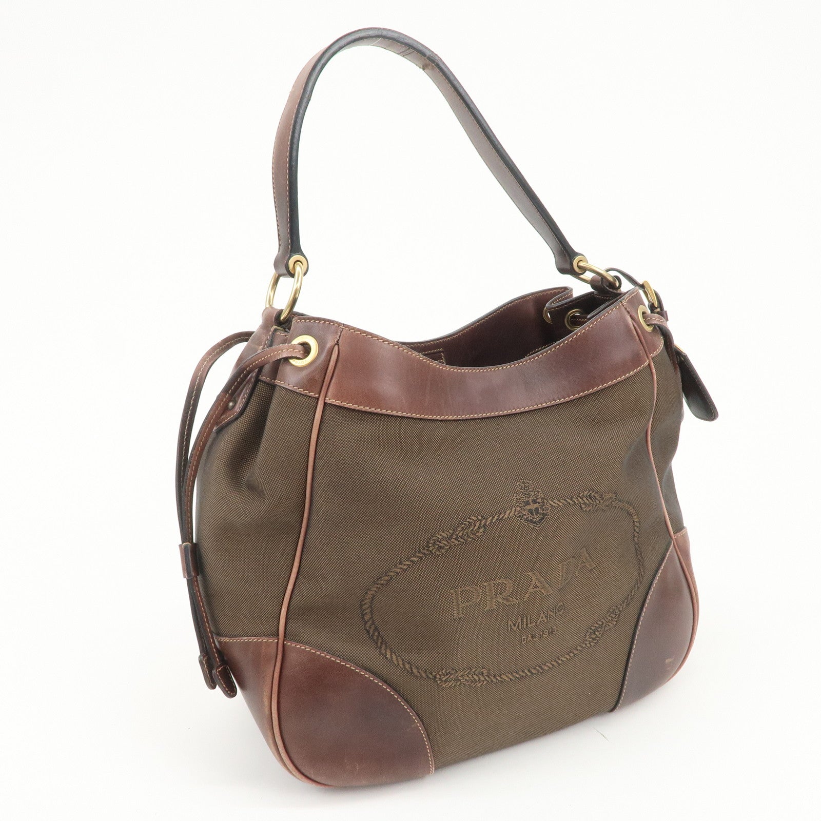 PRADA Triangle Logo Canvas Leather Shoulder Bag Hand Bag Brown