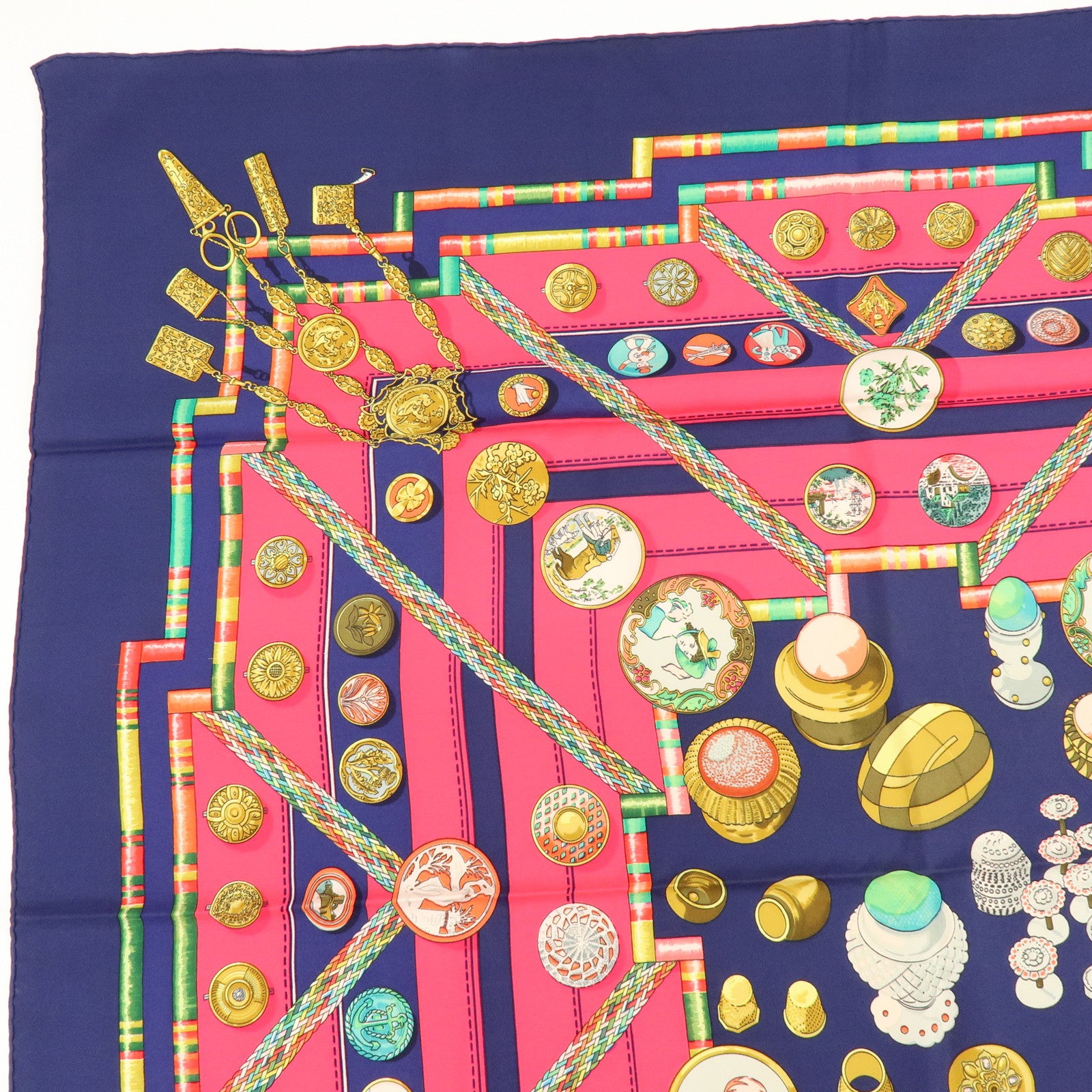 HERMES Carre 90 Silk 100% Petite Main Scarf Navy Pink Multicolor