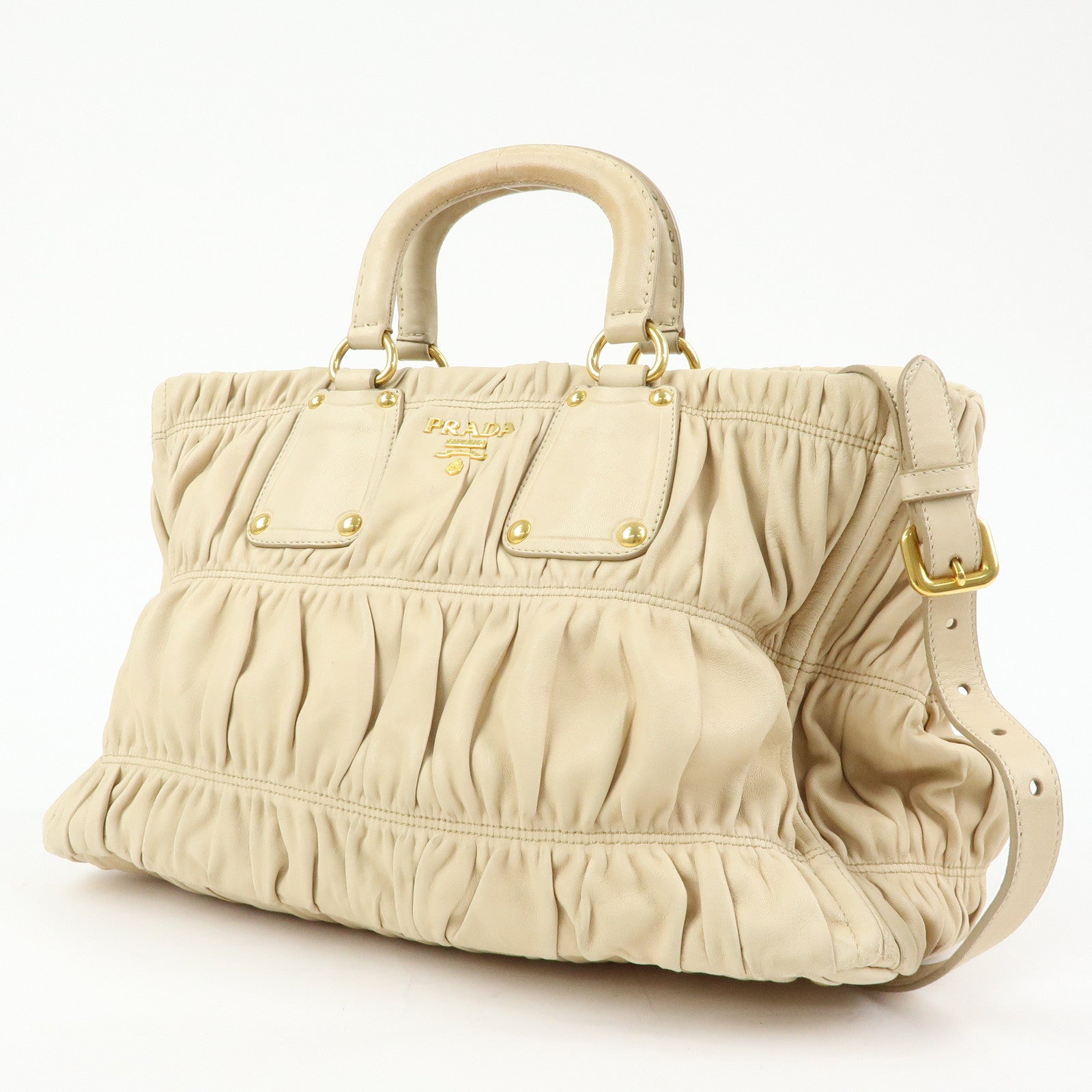 PRADA Logo Gathered Leather 2Way Hand Bag Shoulder Bag Beige BN1924
