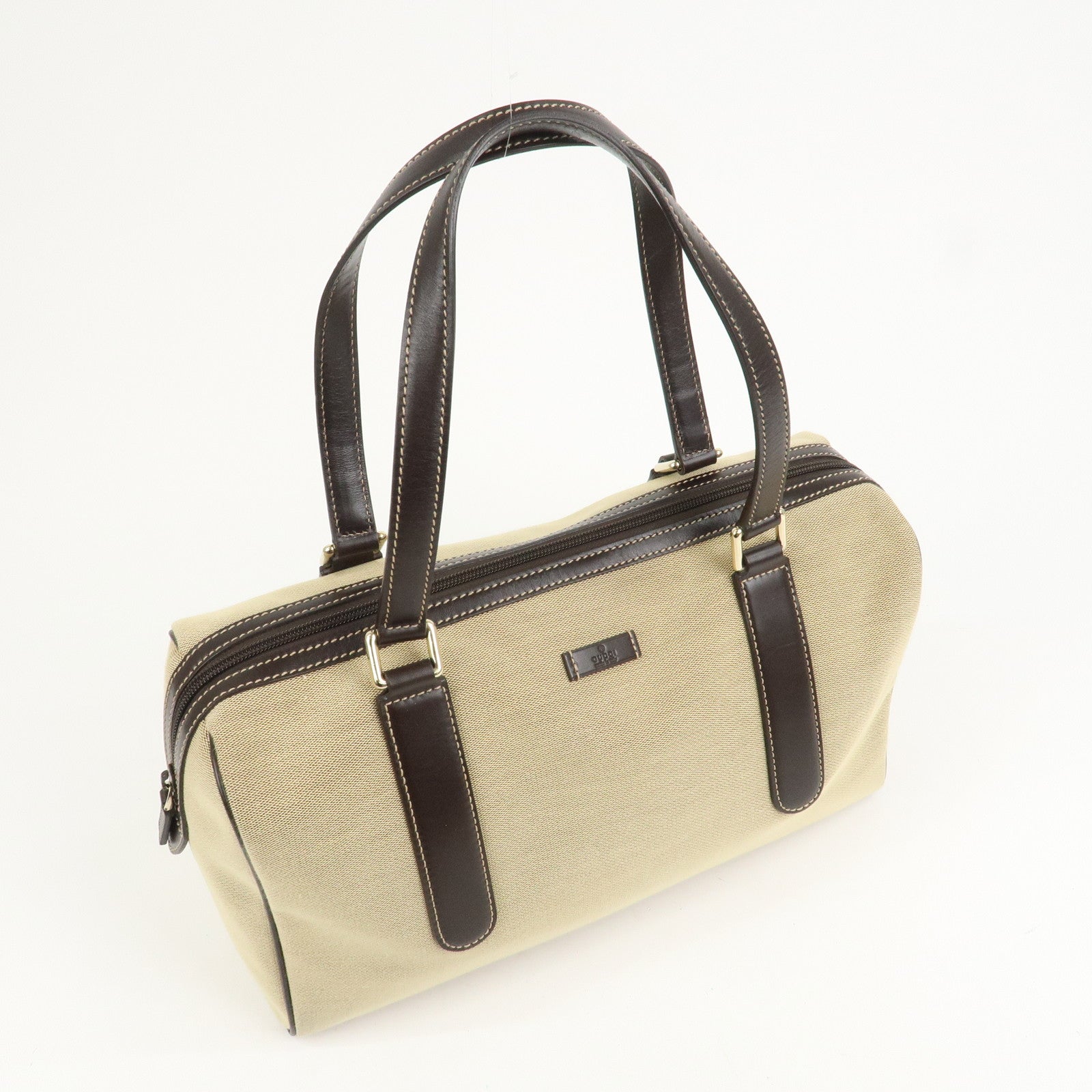 GUCCI Canvas Leather Boston Bag Hand Bag Beige Brown 257288