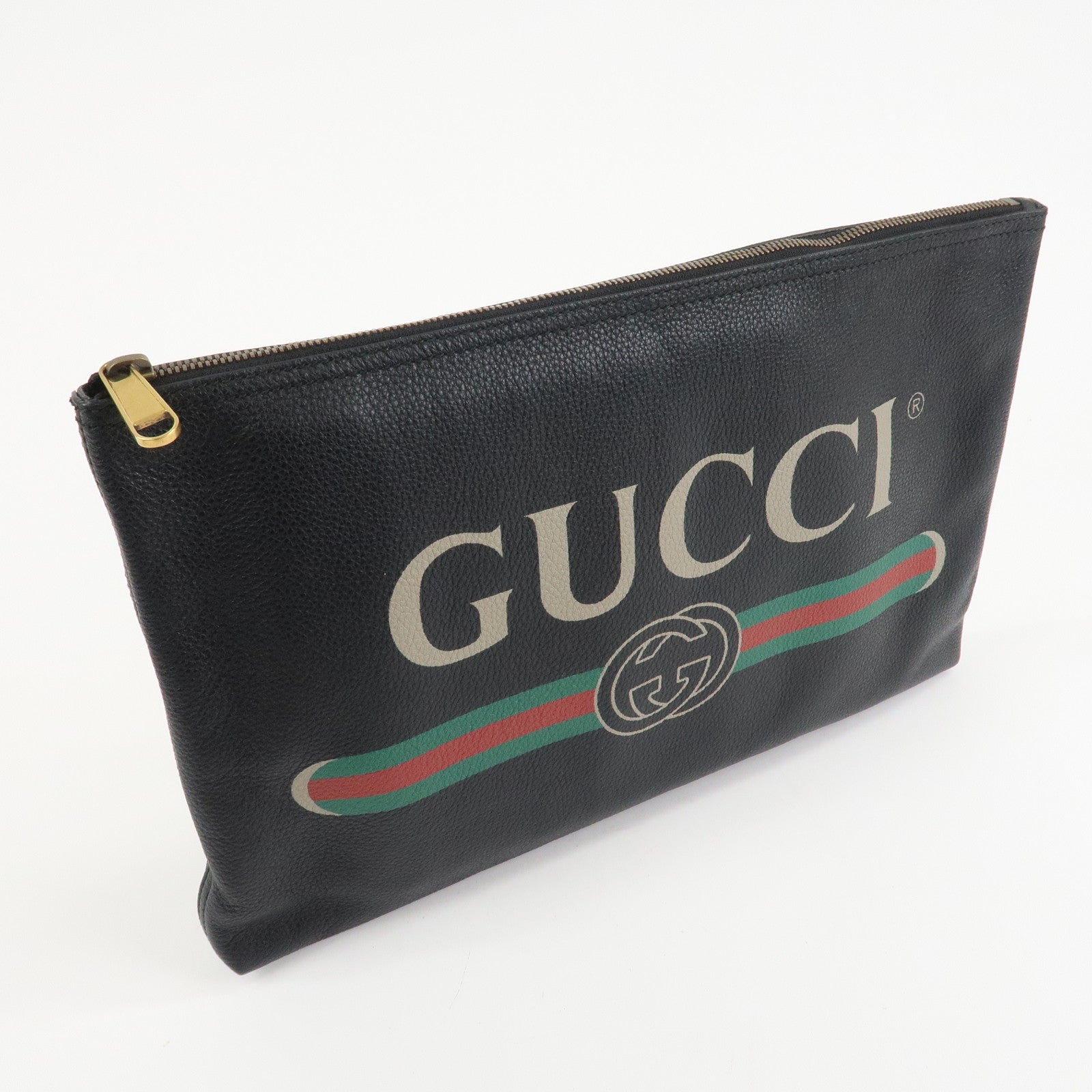 GUCCI Logo Print Leather Portfolio Clutch Bag Black 500984 Used