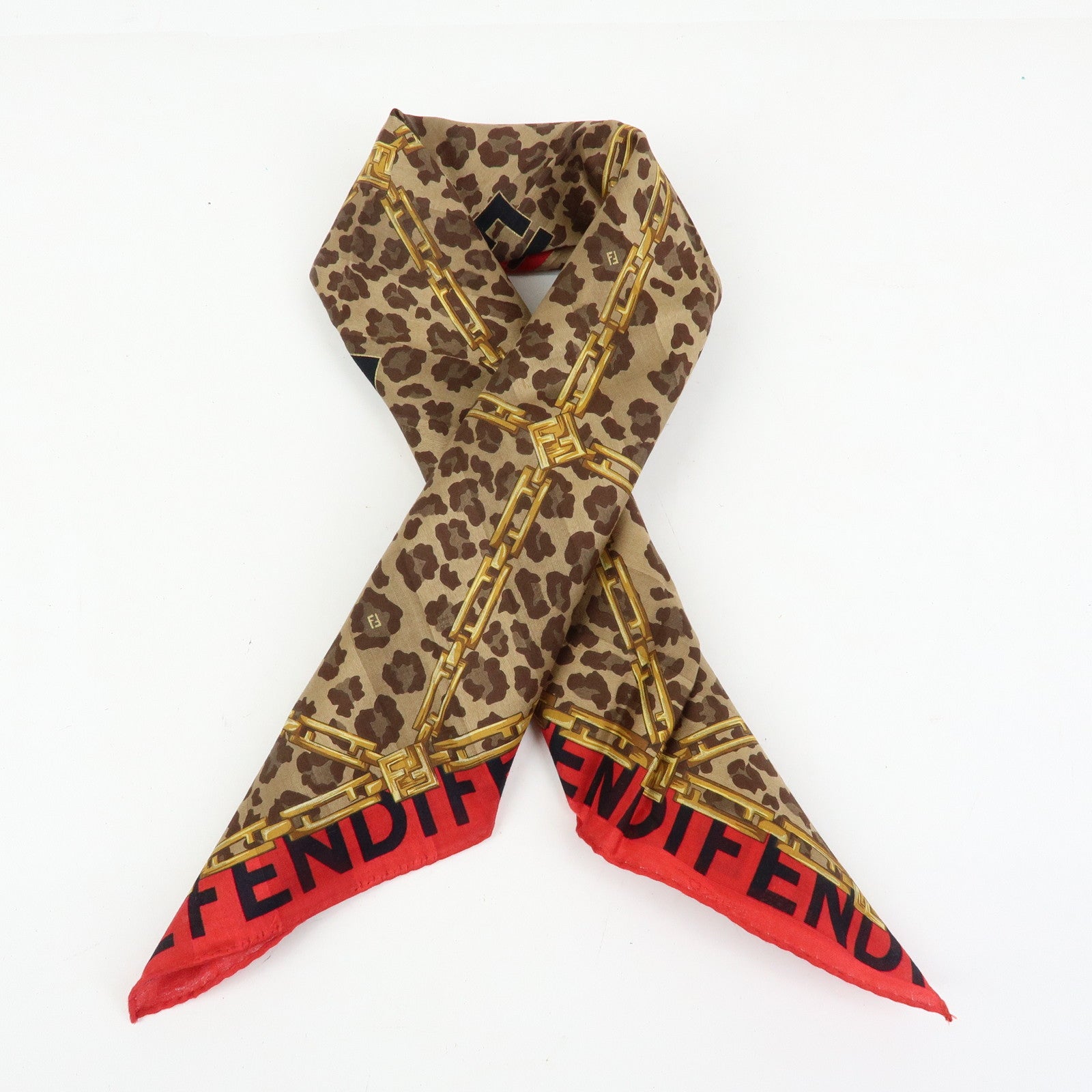 FENDI Cotton Scarf 57x57 Leopard Chain Motif Brown Red