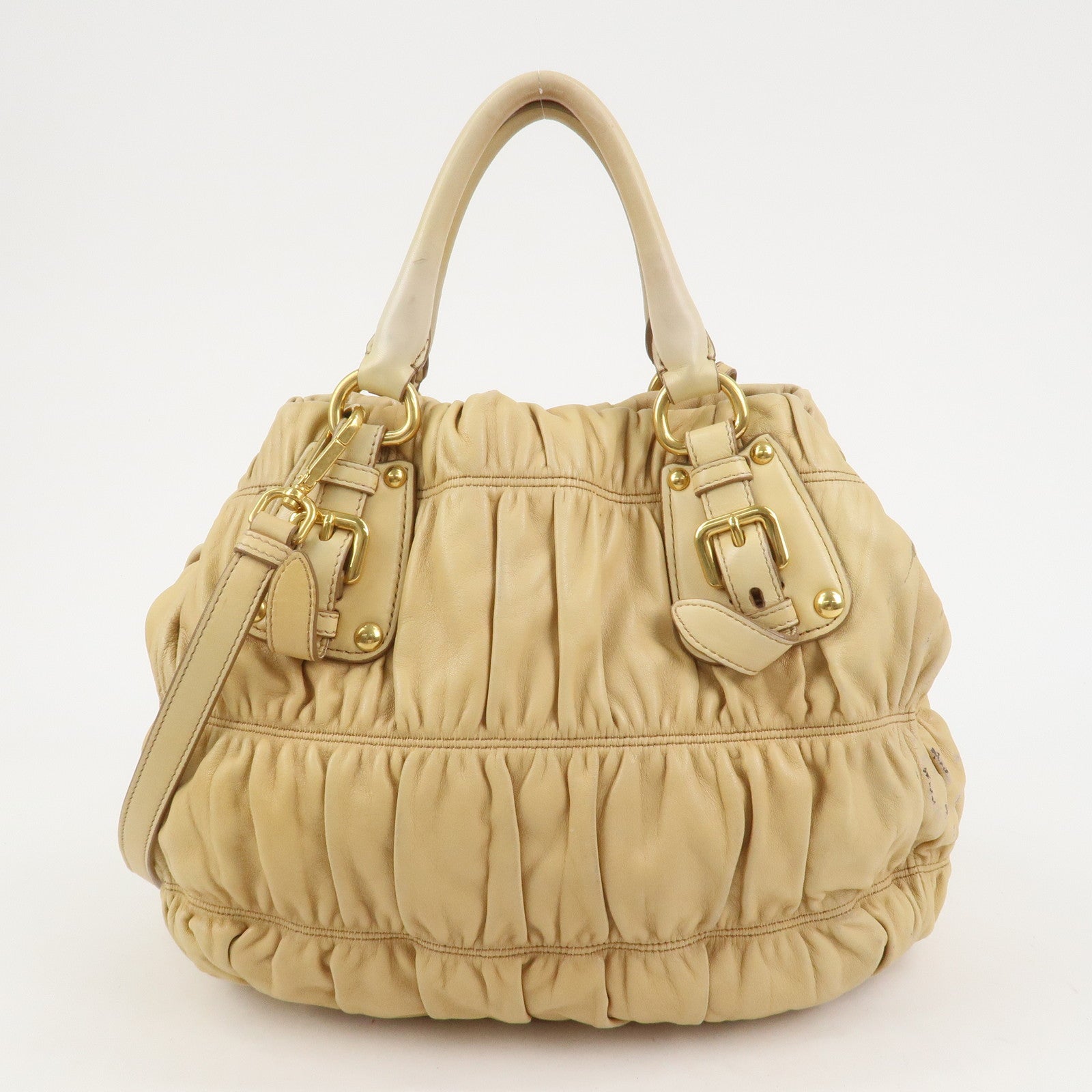 PRADA Nappa Gaufre Leather Gathered 2Way Bag Hand Bag Beige BN1336