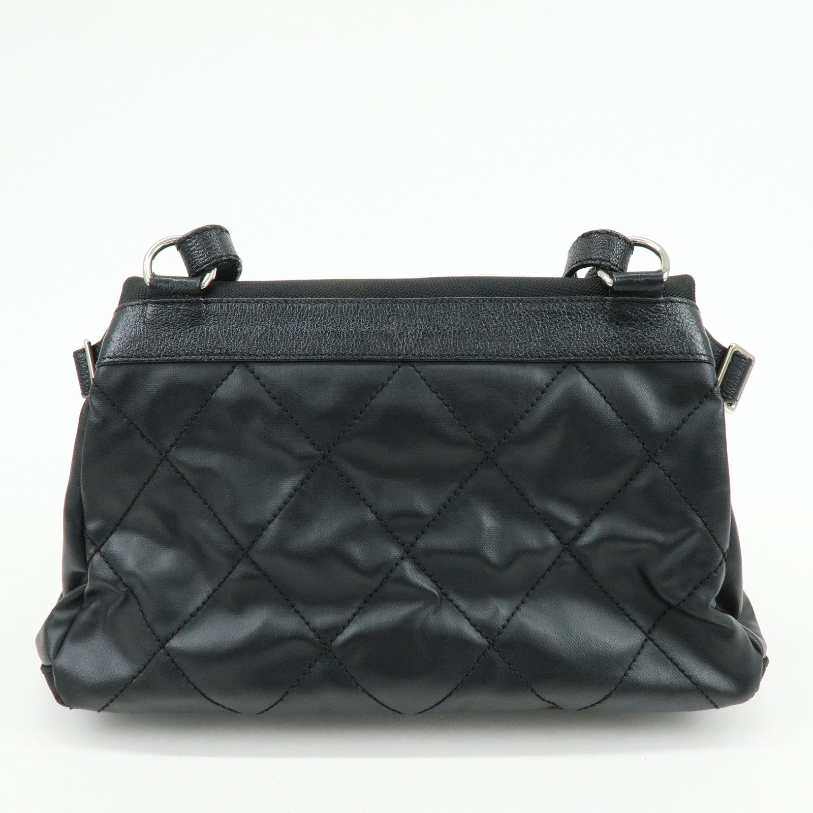 CHANEL Paris Biarritz PVC Coated Canvas Leather Shoulder Bag Black